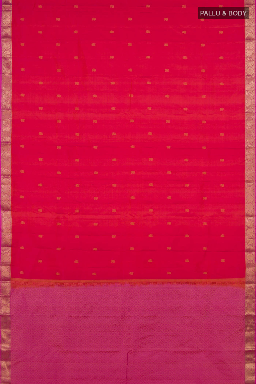 Flat view of Pure Silk Coral Dual Tone Kanchipuram Saree with Zari Butta on the body and Zari Border. 