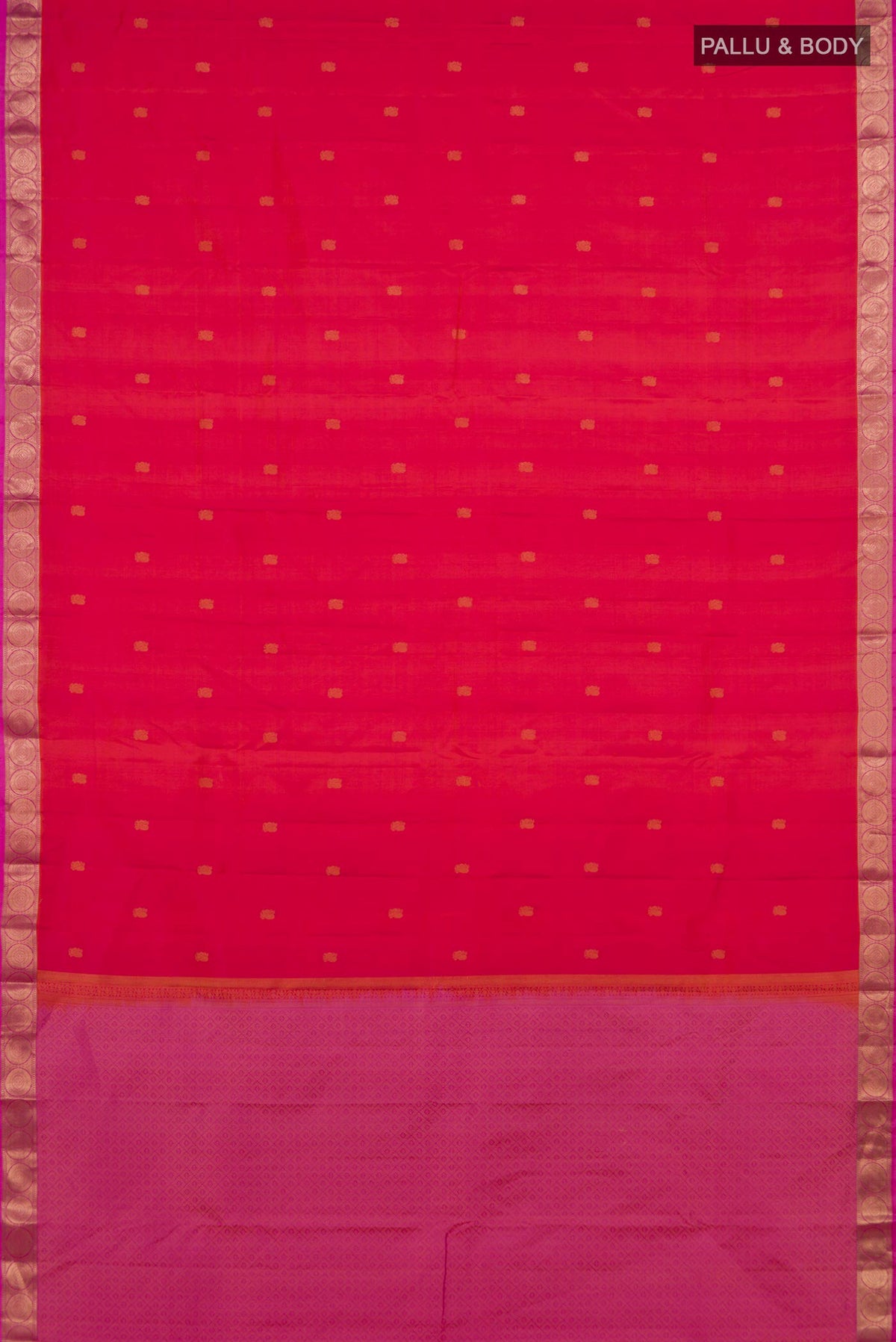 Flat view of Pure Silk Coral Dual Tone Kanchipuram Saree with Zari Butta on the body and Zari Border. 