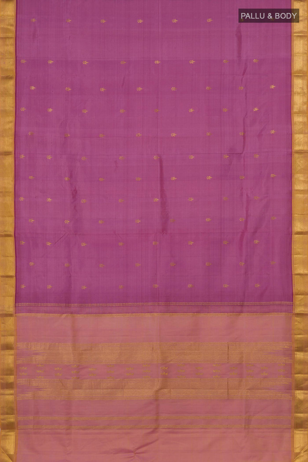 Flat view of Pure Silk Pink Kanchipuram Saree with Zari Butta on the body and Zari Border. 