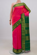 Pure Silk Pink Kanchipuram Nine Yards Saree with Plain Body and Zari Border.  displayed on a mannequin