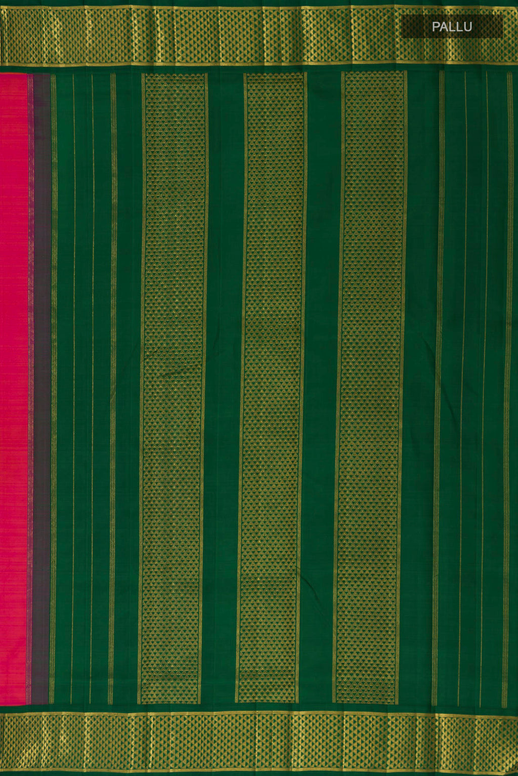 Close up image of the pallu of Pure Silk Pink Kanchipuram Nine Yards Saree with Plain Body and Zari Border. 