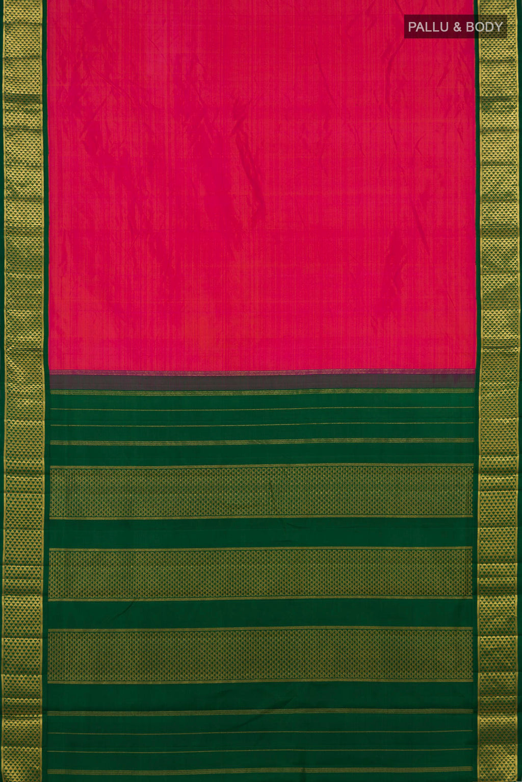 Flat view of Pure Silk Pink Kanchipuram Nine Yards Saree with Plain Body and Zari Border. 