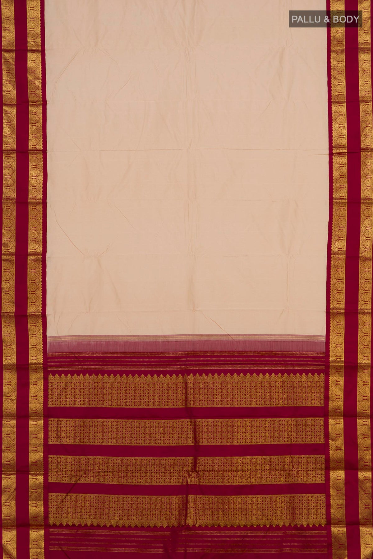 Flat view of Pure Silk Cream Kanjivaram Saree with Plain Body and Zari Border. 
