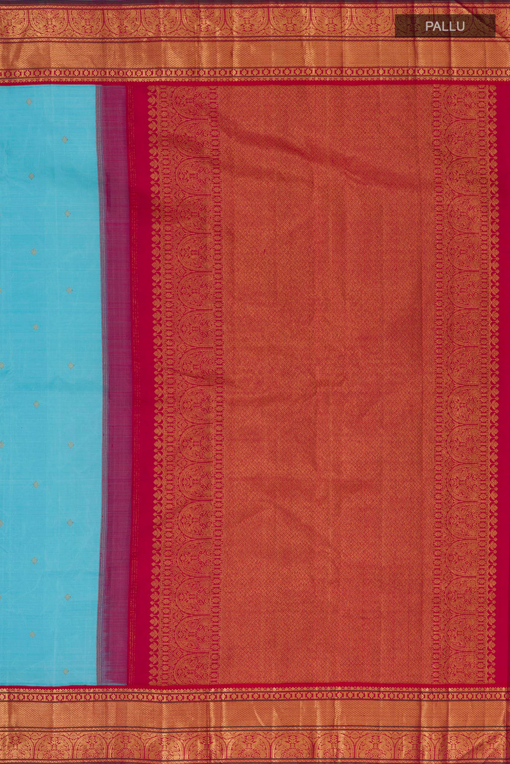 Close up image of the pallu of Pure Silk Light Blue Kanjivaram Saree with Zari Butta on the body and Zari Border. 