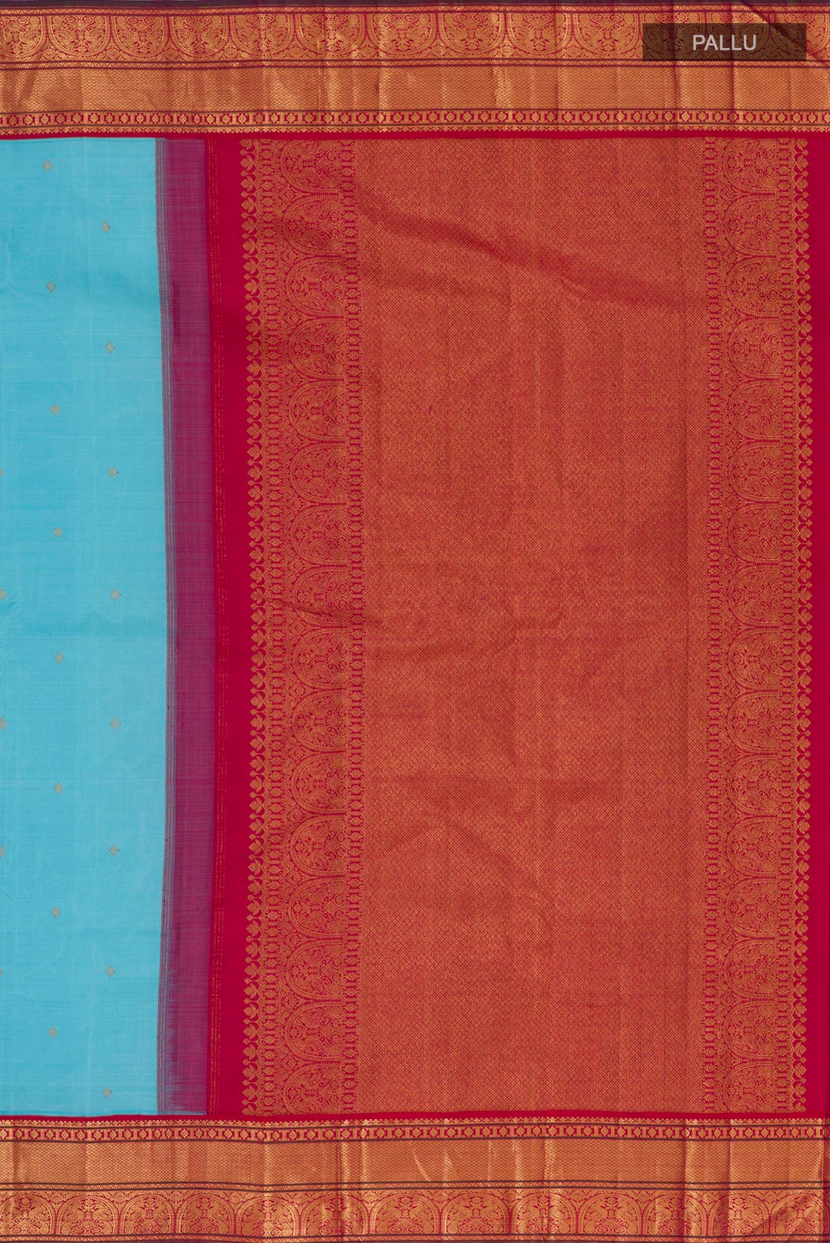 Close up image of the pallu of Pure Silk Light Blue Kanjivaram Saree with Zari Butta on the body and Zari Border. 