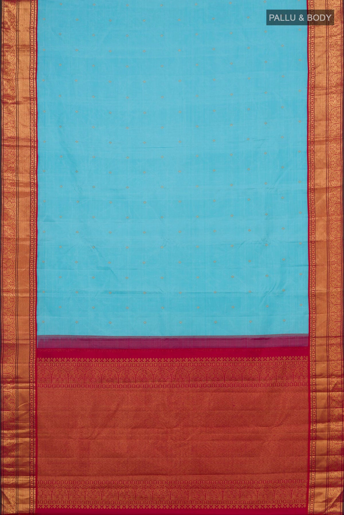 Flat view of Pure Silk Light Blue Kanjivaram Saree with Zari Butta on the body and Zari Border. 