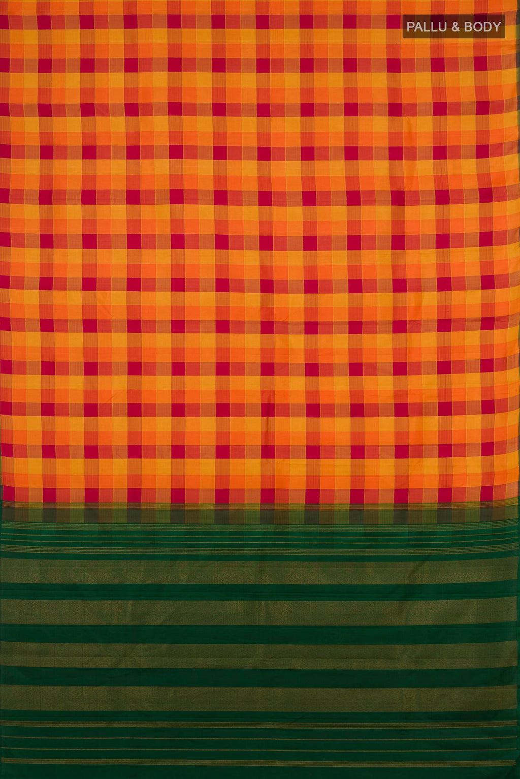 Flat view of Pure Silk Pure Zari Multi Color Kanchipuram Saree with Checked design on the body and Without Border. 