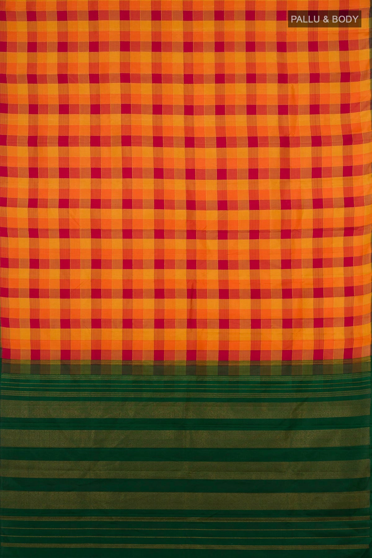 Flat view of Pure Silk Pure Zari Multi Color Kanchipuram Saree with Checked design on the body and Without Border. 