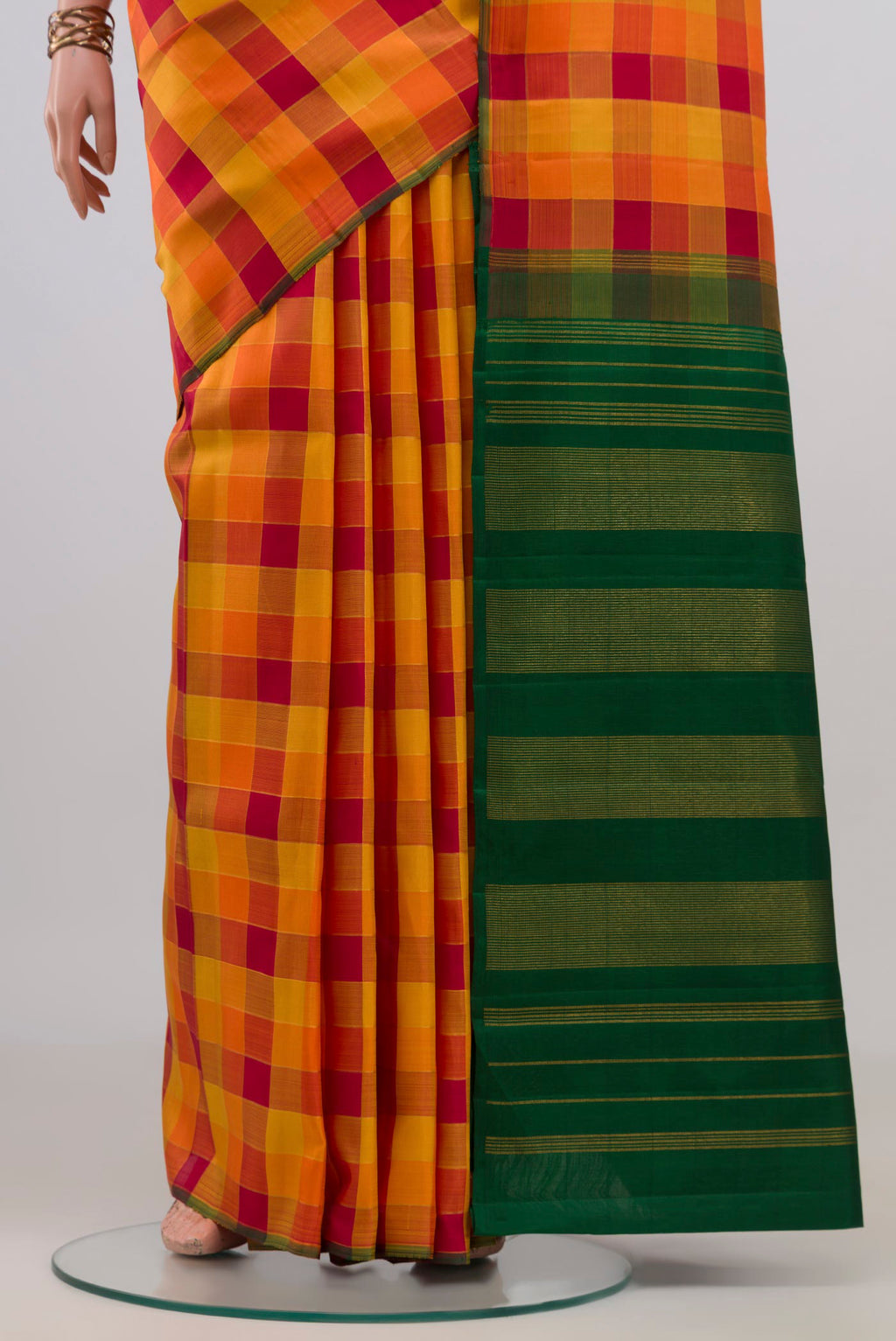 Pleats and pallu of Pure Silk Pure Zari Multi Color Kanchipuram Saree with Checked design on the body and Without Border. 