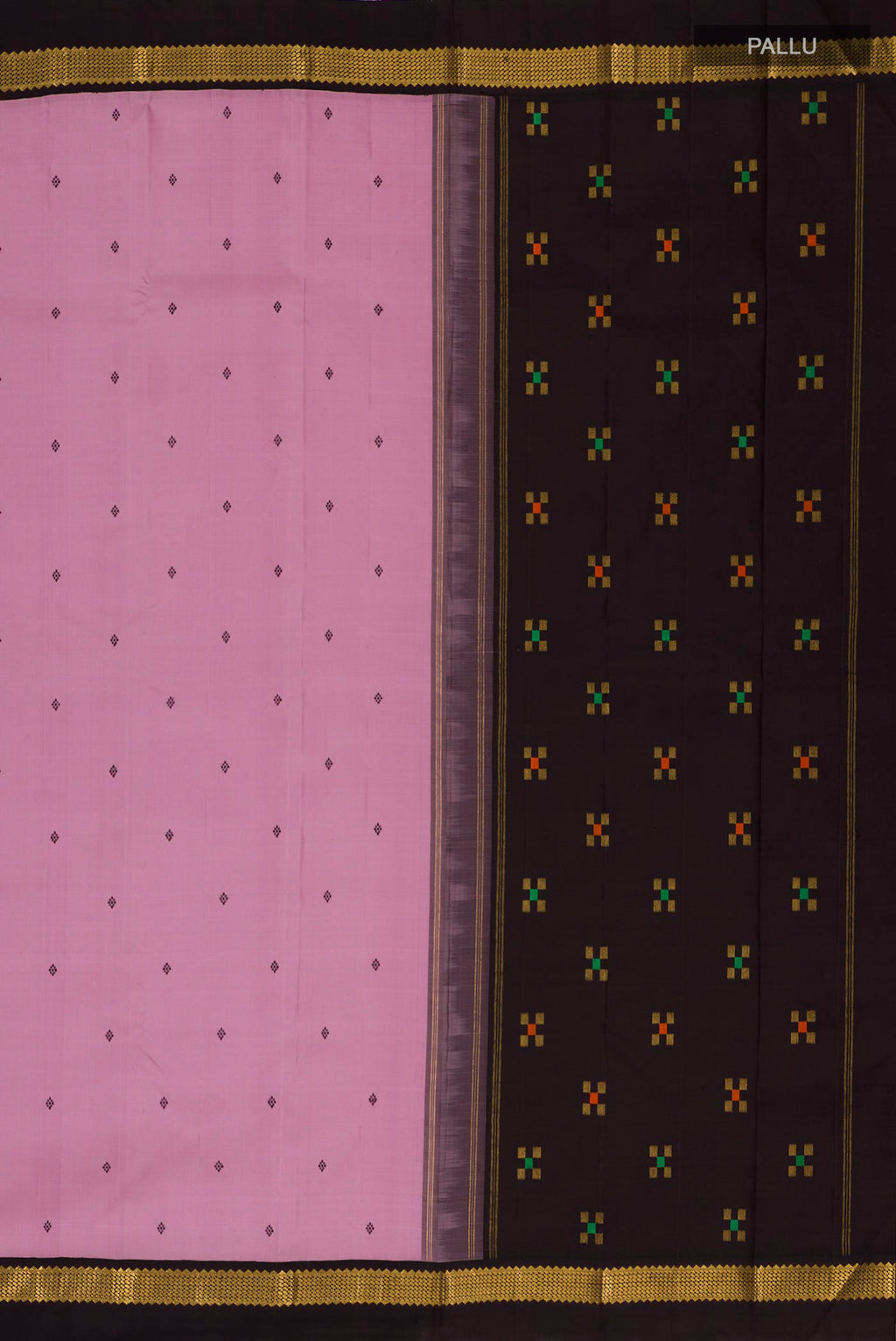 Close up image of the pallu of Pure Silk Rose pink Kanjivaram Saree with Thread Butta on the body and Zari Border. 