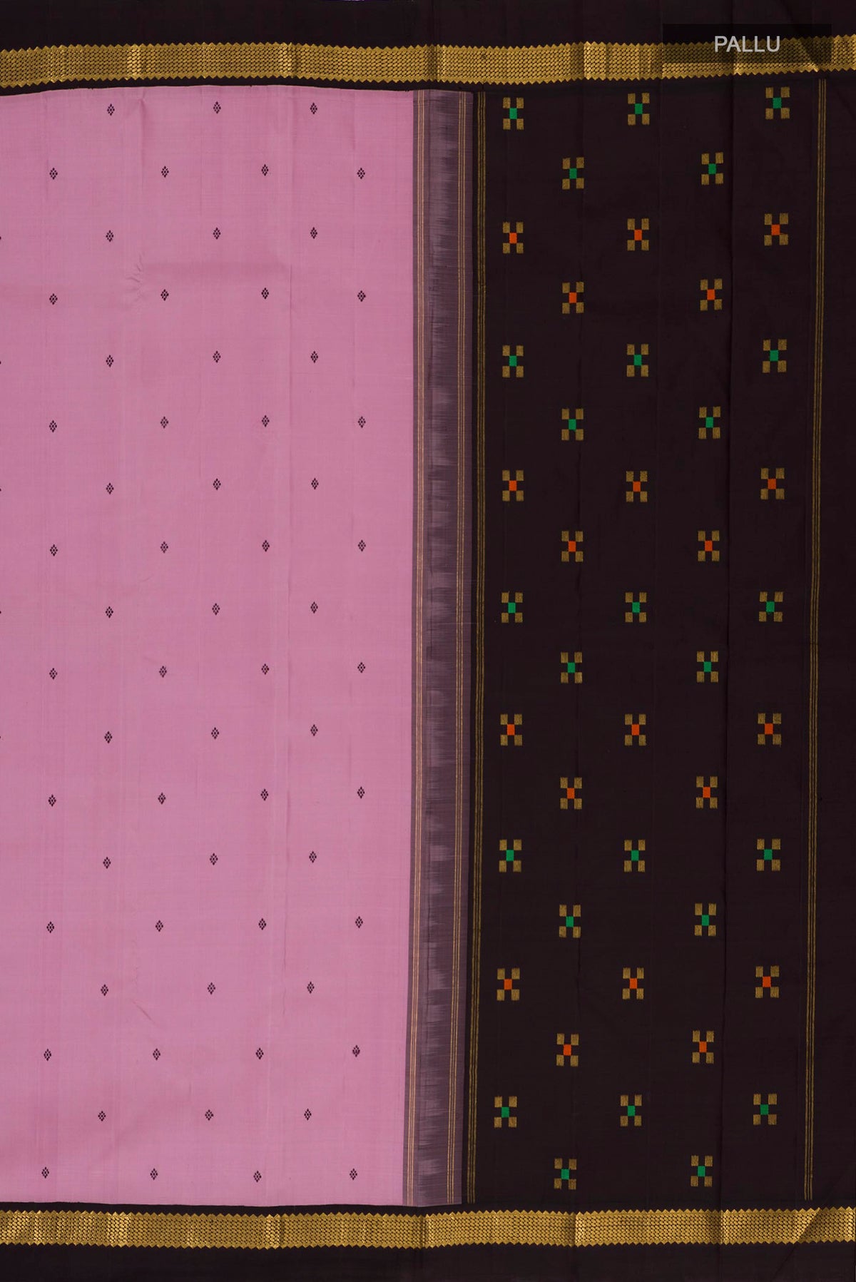 Close up image of the pallu of Pure Silk Rose pink Kanjivaram Saree with Thread Butta on the body and Zari Border. 