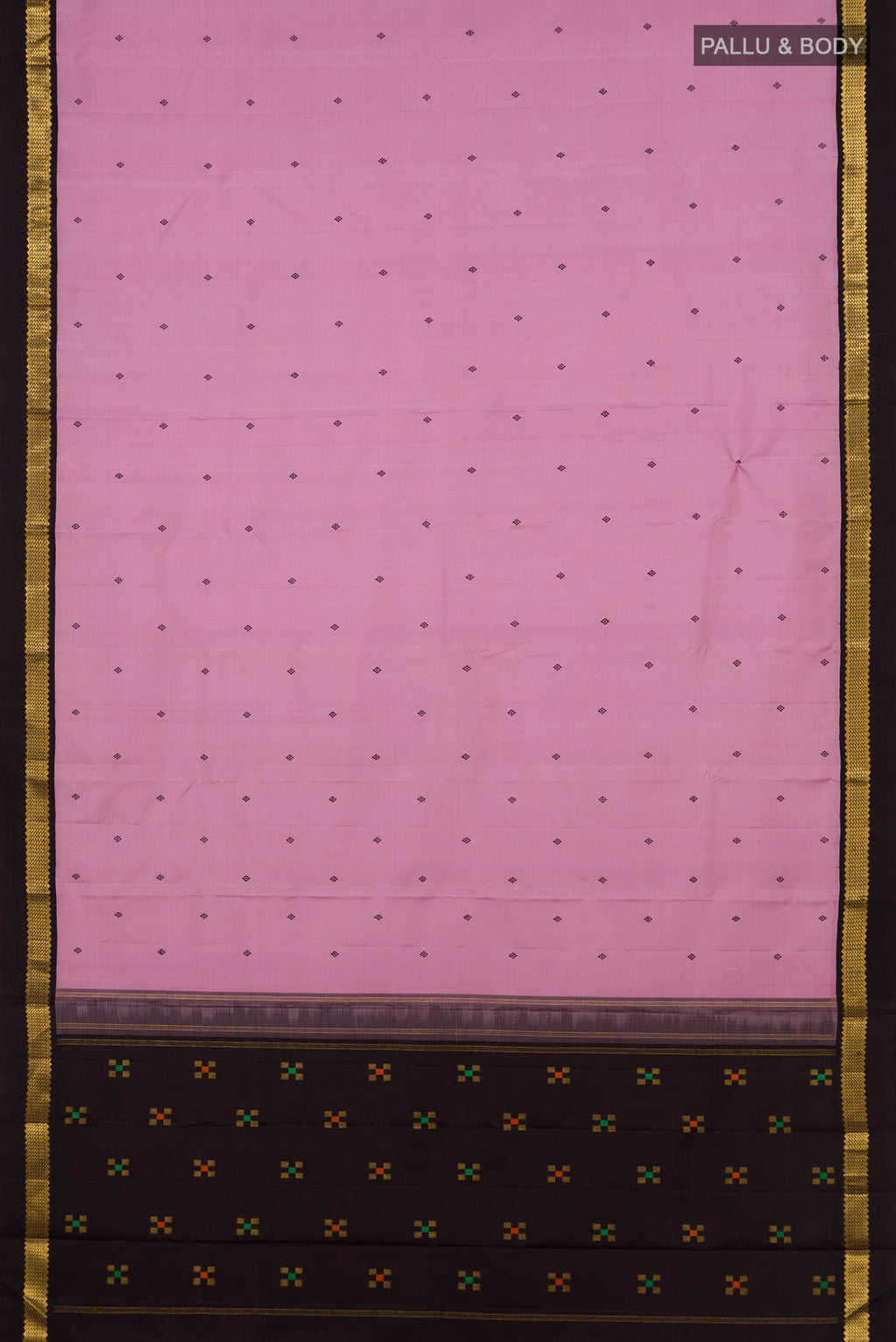 Flat view of Pure Silk Rose pink Kanjivaram Saree with Thread Butta on the body and Zari Border. 