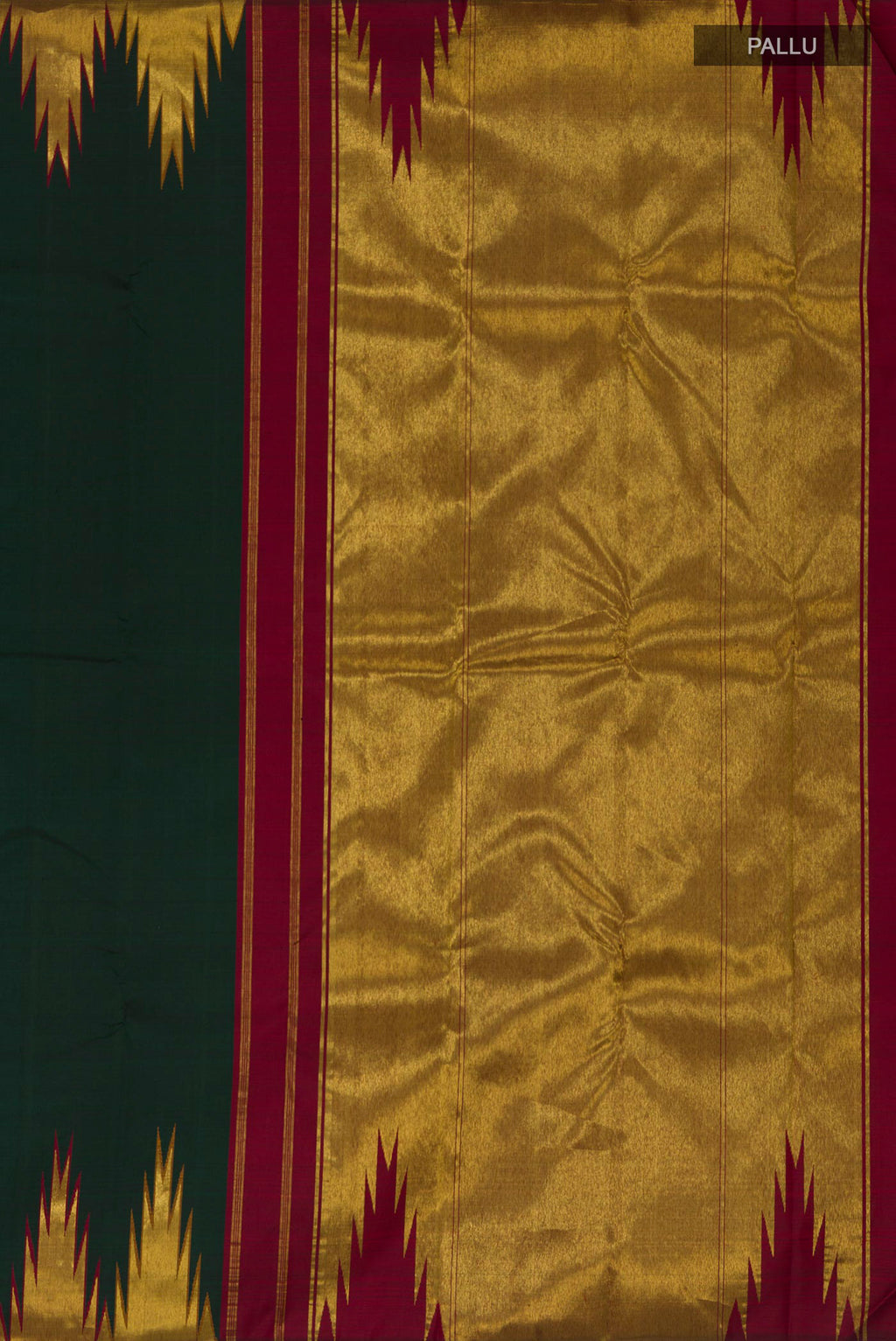 Close up image of the pallu of Pure Silk Bottle Green Kanjivaram Saree with Plain Body and Temple Border. 