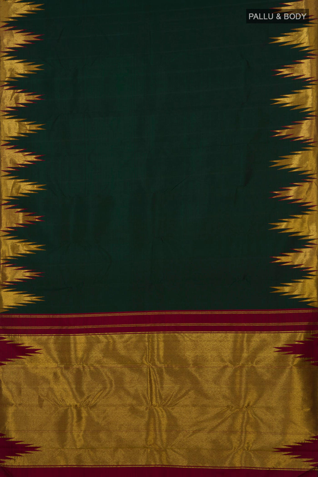Flat view of Pure Silk Bottle Green Kanjivaram Saree with Plain Body and Temple Border. 