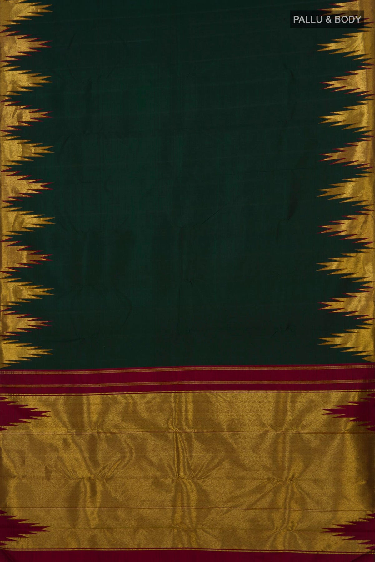 Flat view of Pure Silk Bottle Green Kanjivaram Saree with Plain Body and Temple Border. 