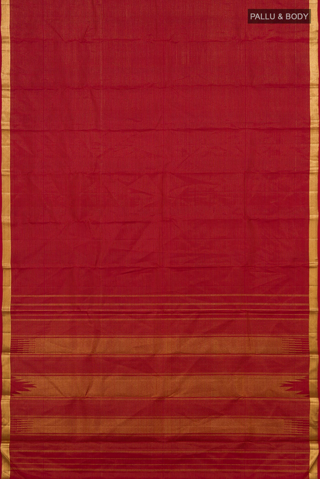 Flat view of Pure Silk Red Kanjivaram Saree with Stripes on the body and Zari Border. 