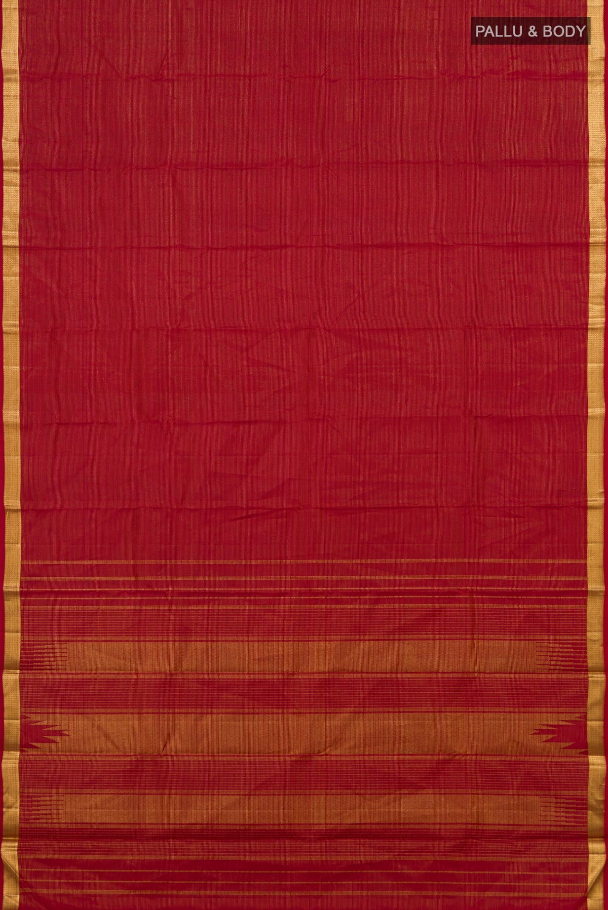 Flat view of Pure Silk Red Kanjivaram Saree with Stripes on the body and Zari Border. 