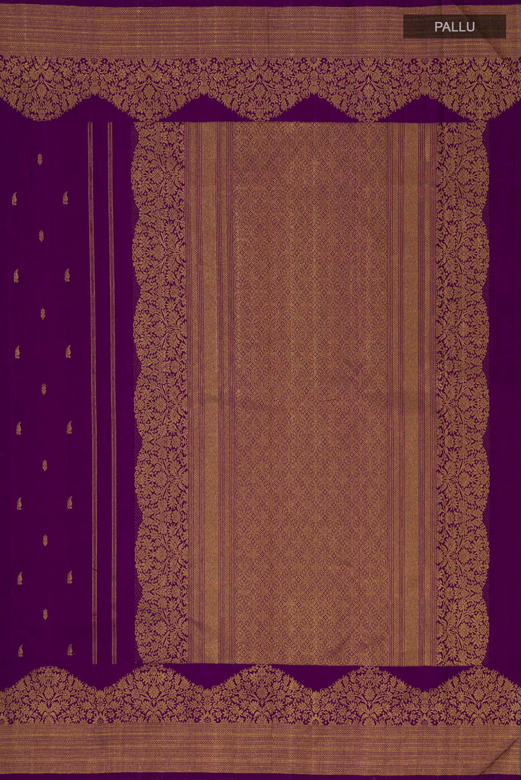 Close up image of the pallu of Pure Silk Purple Kanjivaram Saree with Zari Butta on the body and Fancy Border. 