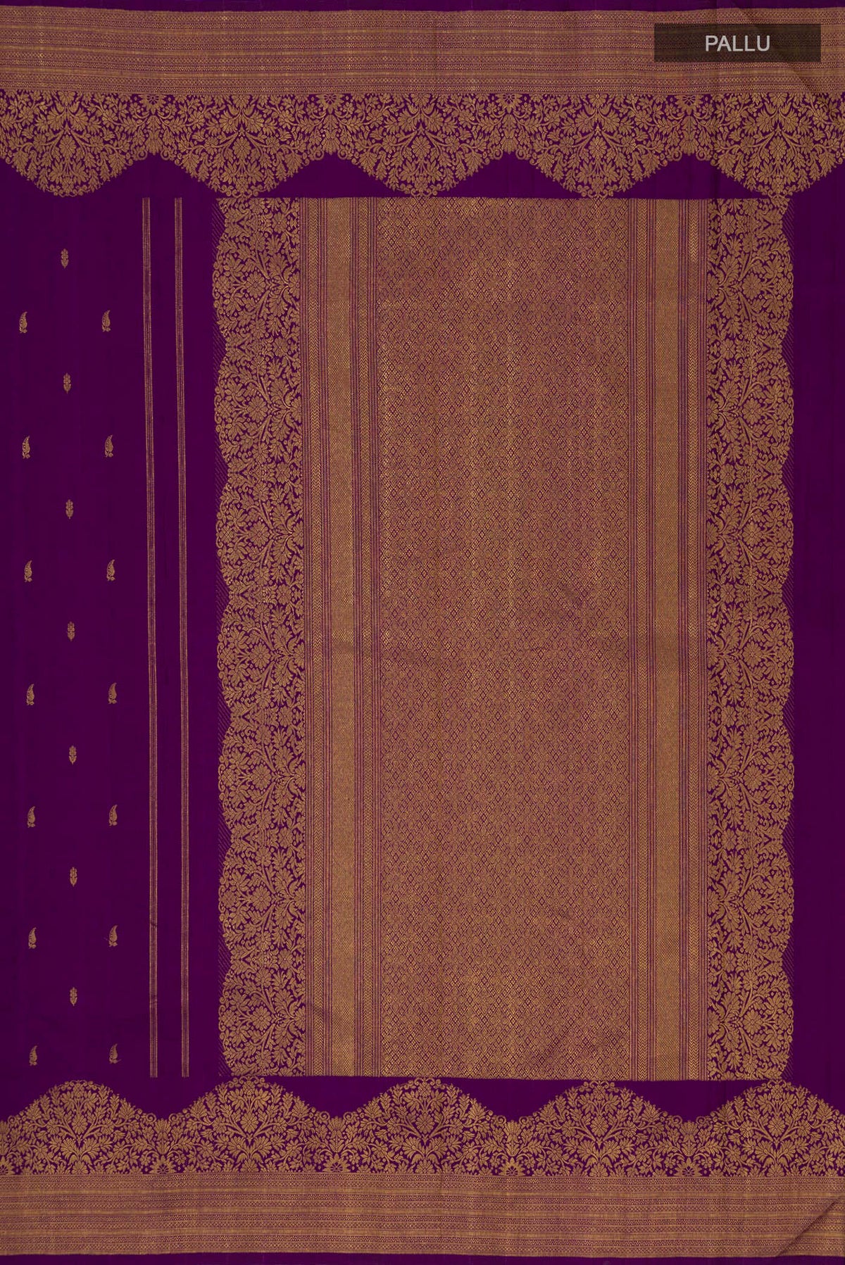 Close up image of the pallu of Pure Silk Purple Kanjivaram Saree with Zari Butta on the body and Fancy Border. 