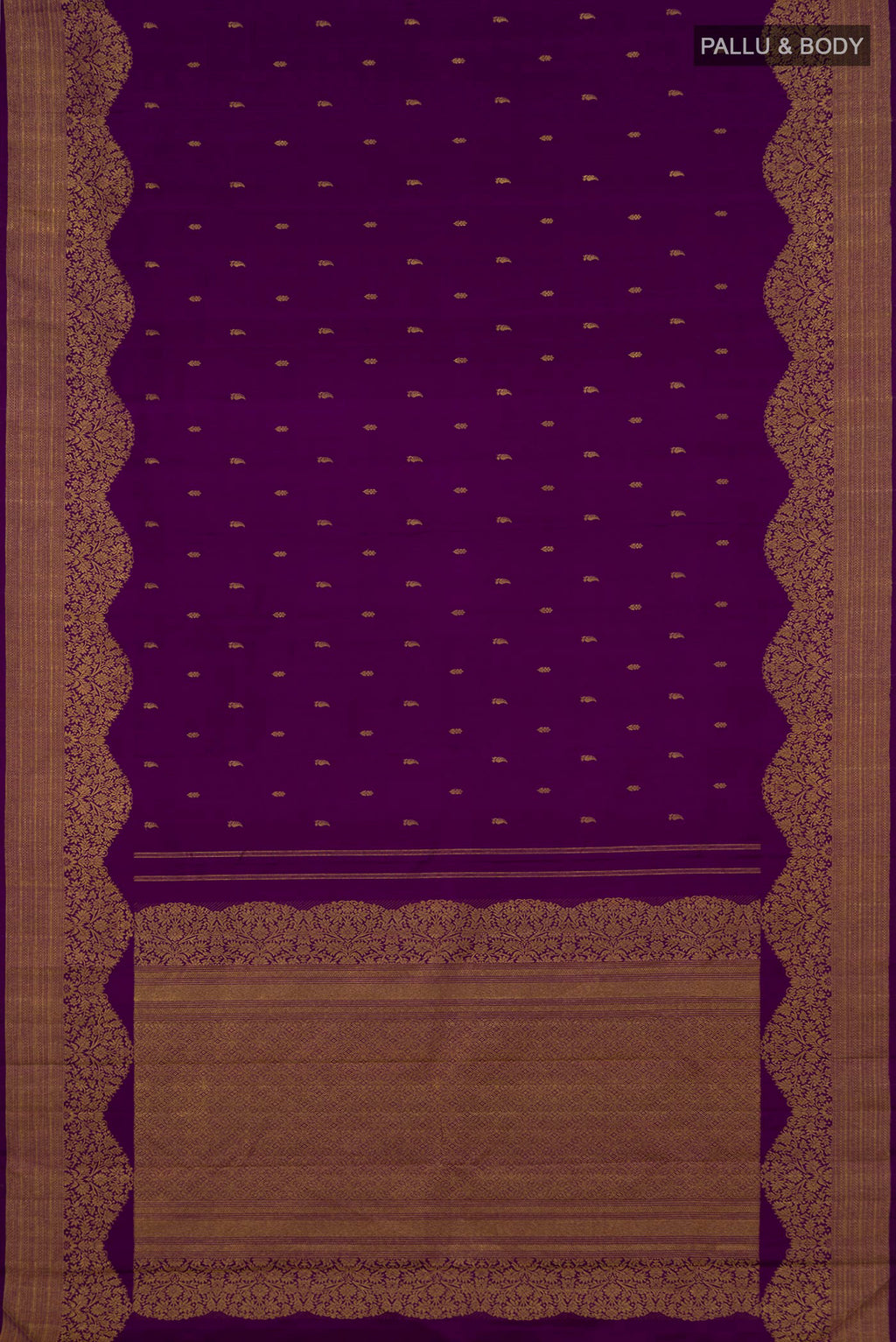 Flat view of Pure Silk Purple Kanjivaram Saree with Zari Butta on the body and Fancy Border. 