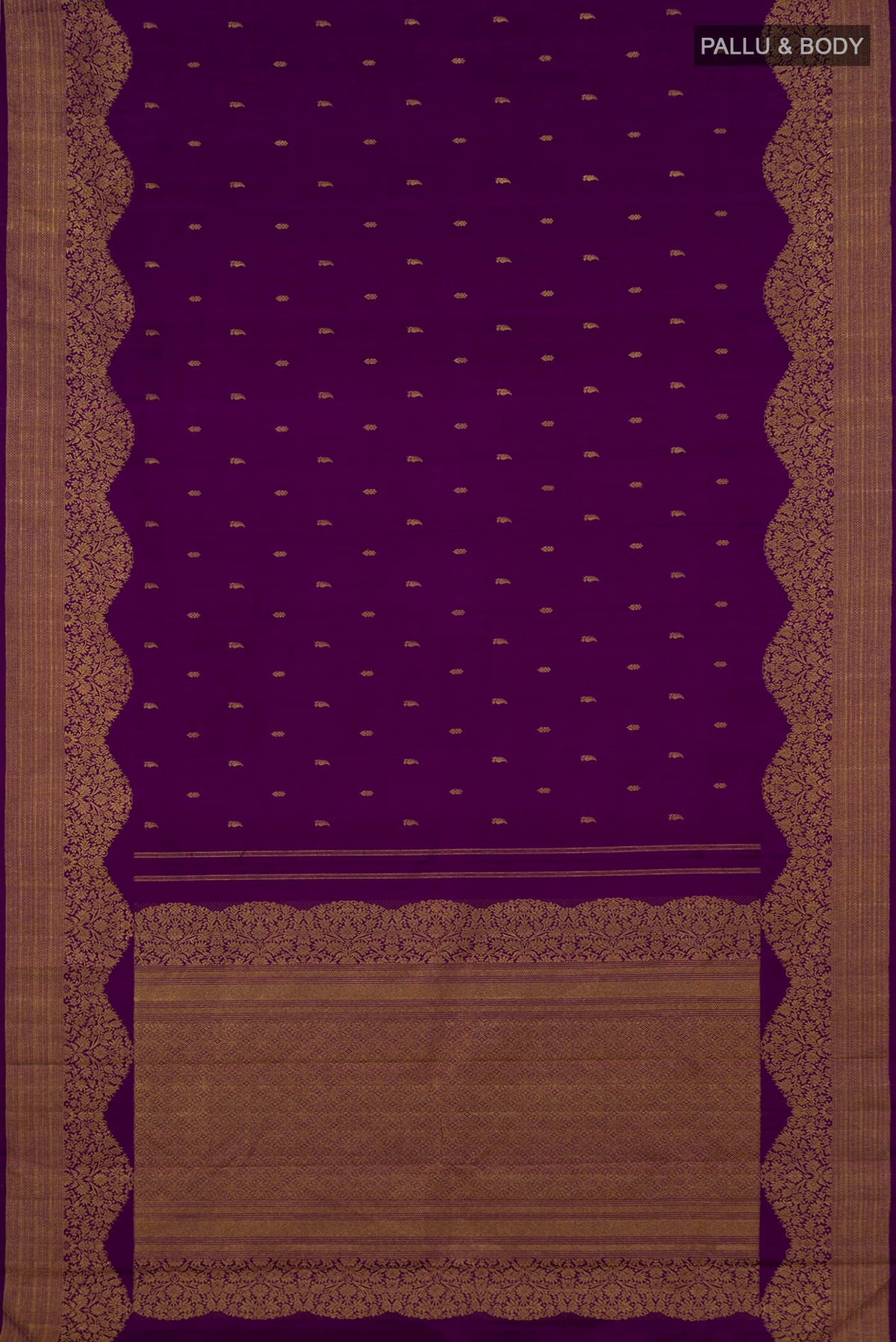 Flat view of Pure Silk Purple Kanjivaram Saree with Zari Butta on the body and Fancy Border. 