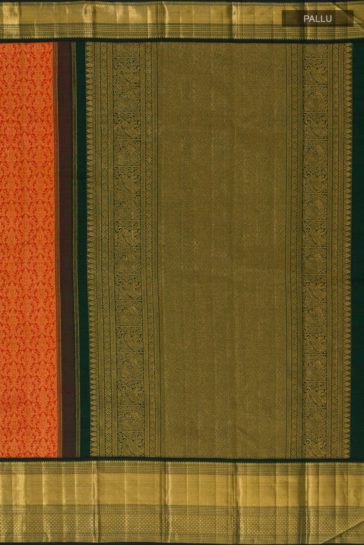 Close up image of the pallu of Pure Silk Orange Kanchipuram Saree with Zari Brocade on the body and Zari Border. 