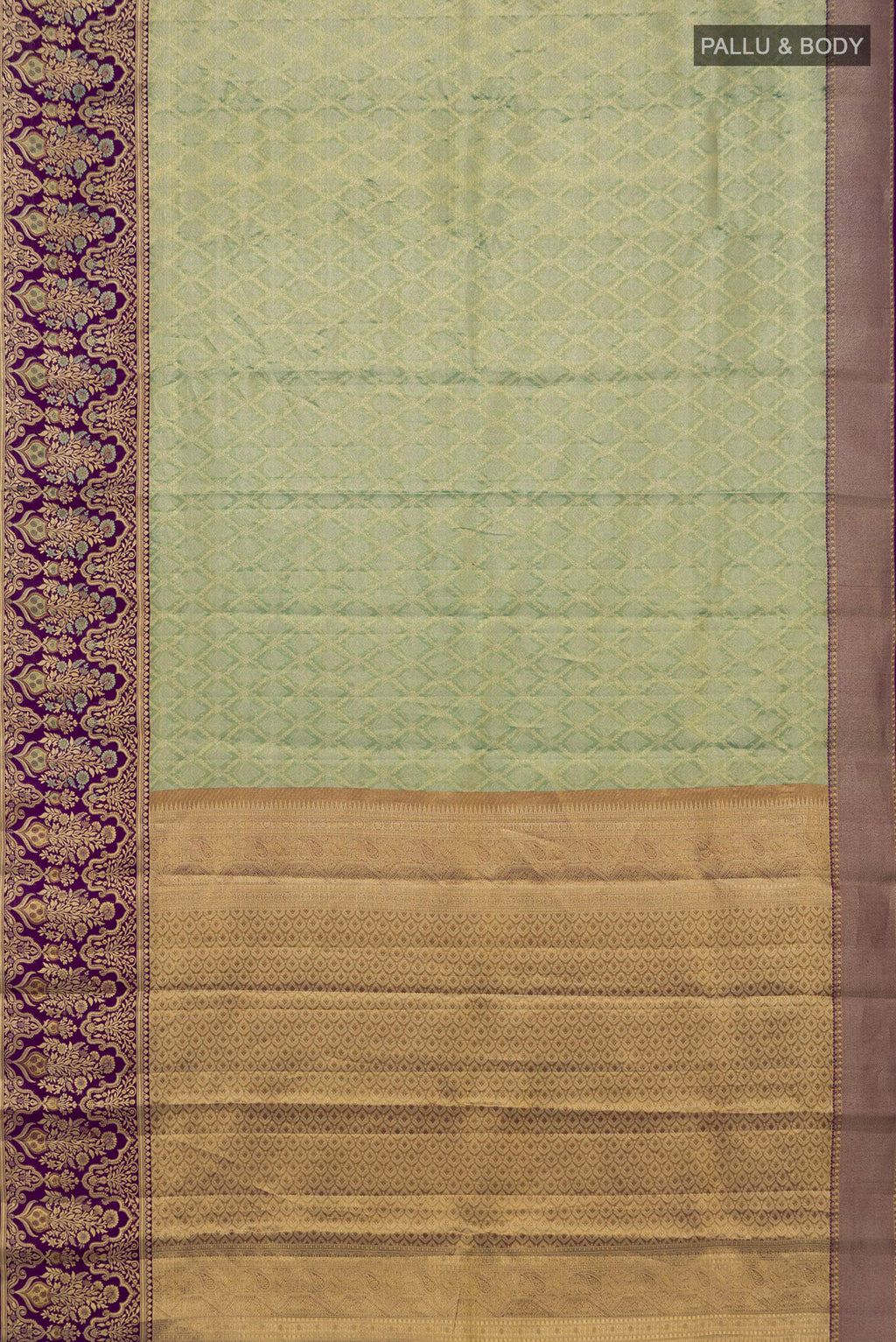 Flat view of Green Dual Tone Kanjivaram Saree with Zari Brocade on the body and Fancy Border. 