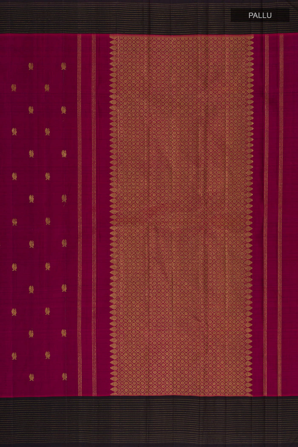 Close up image of the pallu of Pure Silk Pure Zari Maroon Kanchipuram Saree with Zari Butta on the body and Plain Border. 