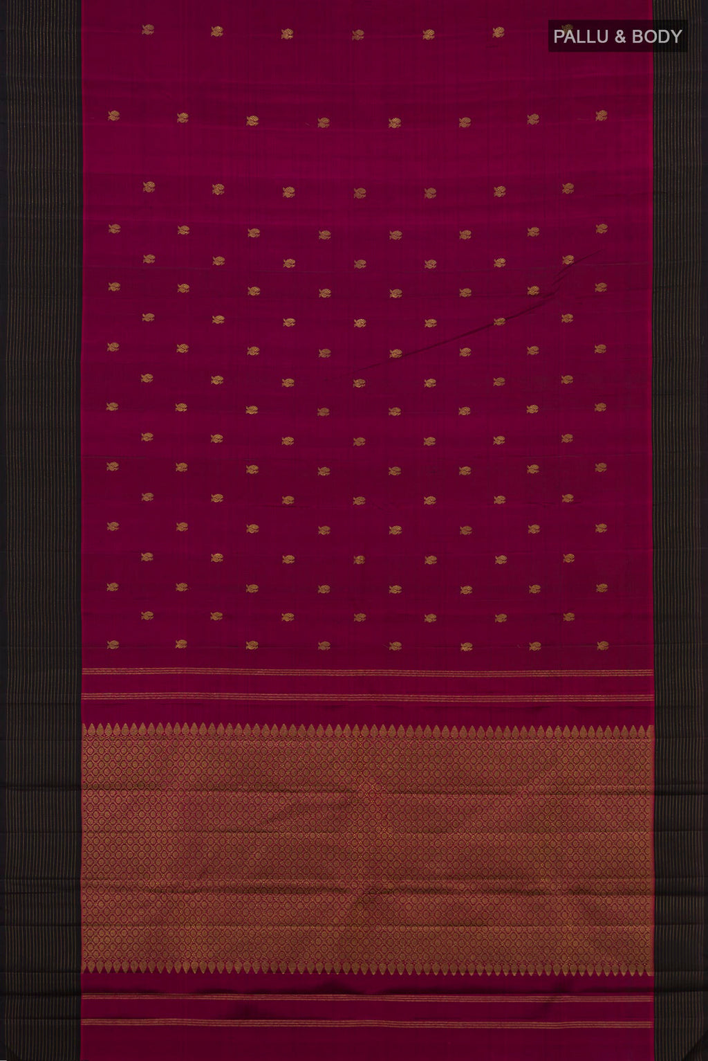 Flat view of Pure Silk Pure Zari Maroon Kanchipuram Saree with Zari Butta on the body and Plain Border. 