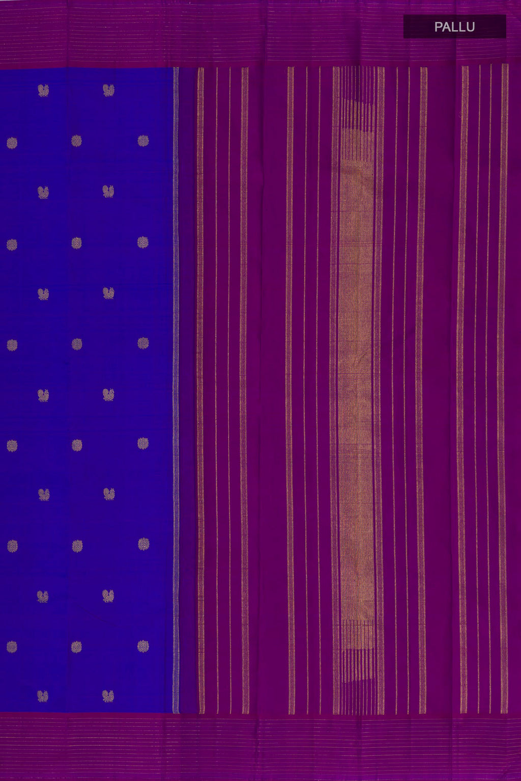 Close up image of the pallu of Pure Silk Pure Zari Royal Blue Kanjivaram Saree with Zari Butta on the body and Plain Border. 