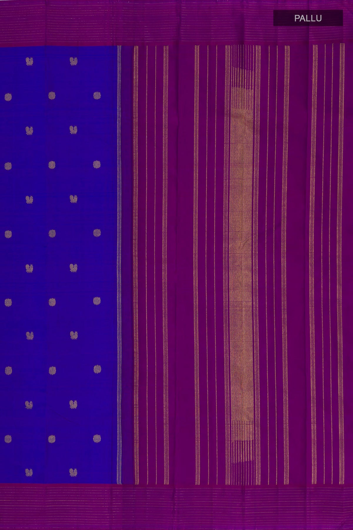Close up image of the pallu of Pure Silk Pure Zari Royal Blue Kanjivaram Saree with Zari Butta on the body and Plain Border. 