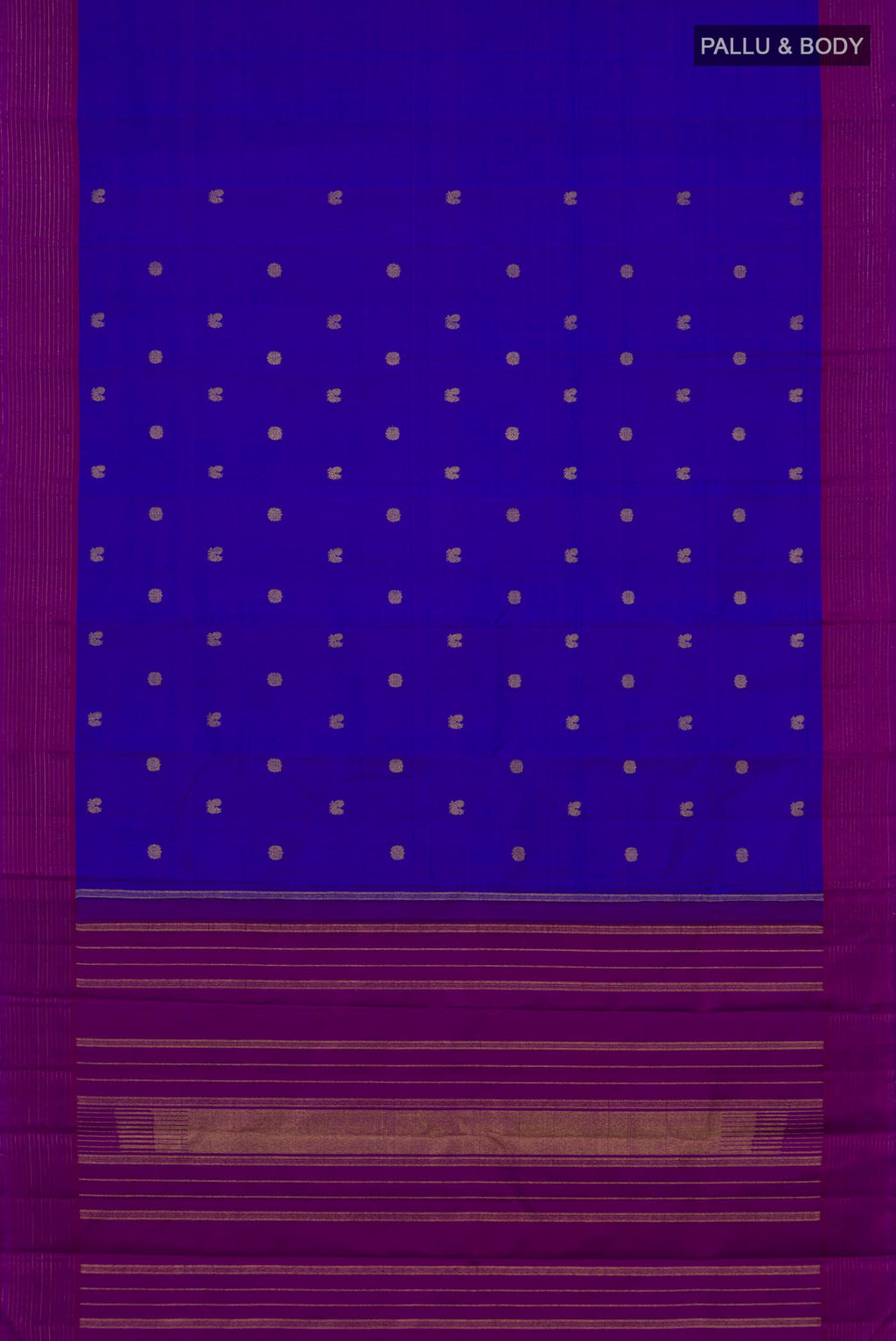 Flat view of Pure Silk Pure Zari Royal Blue Kanjivaram Saree with Zari Butta on the body and Plain Border. 