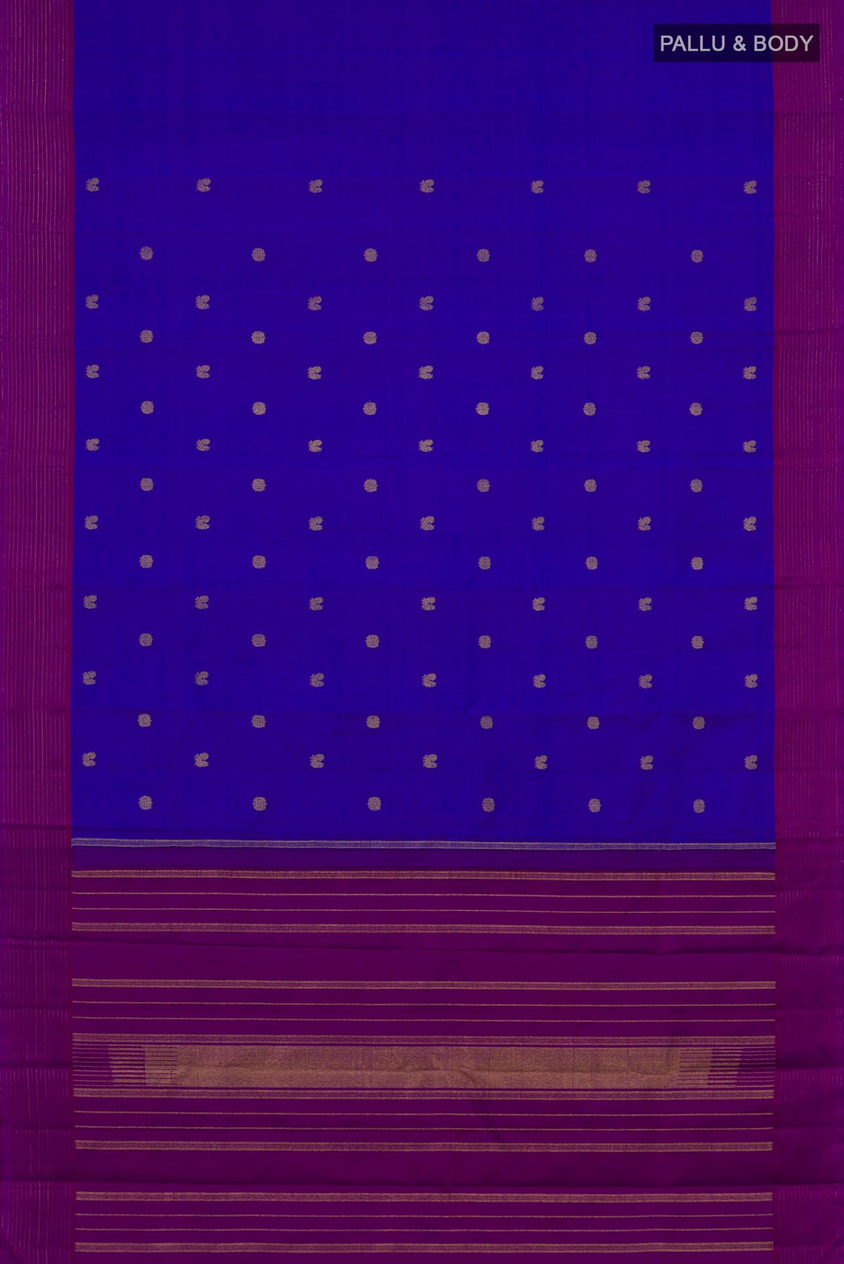 Flat view of Pure Silk Pure Zari Royal Blue Kanjivaram Saree with Zari Butta on the body and Plain Border. 