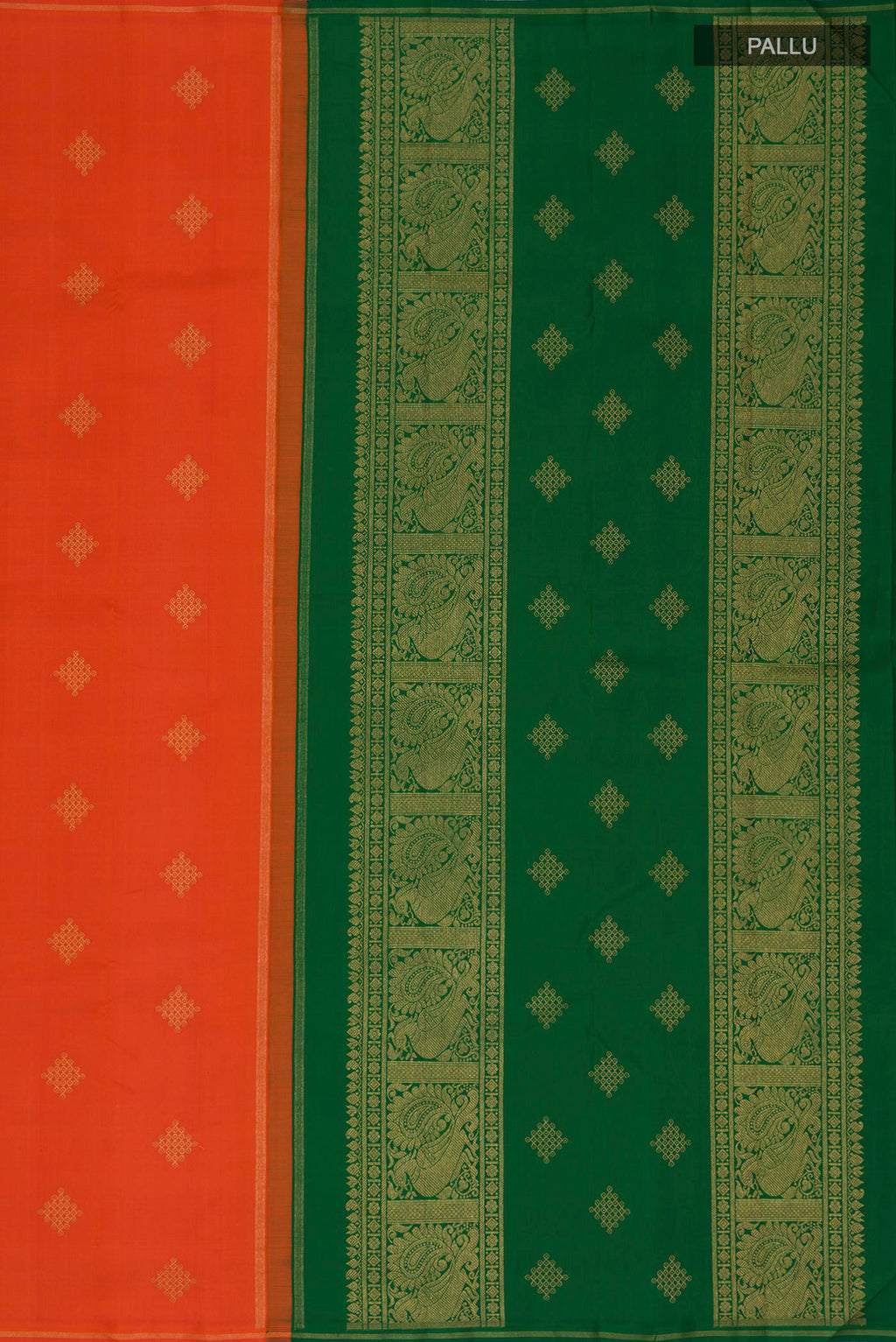 Close up image of the pallu of Pure Silk Pure Zari Orange Kanchipuram Saree with Zari Butta on the body and Thin Zari Line. 