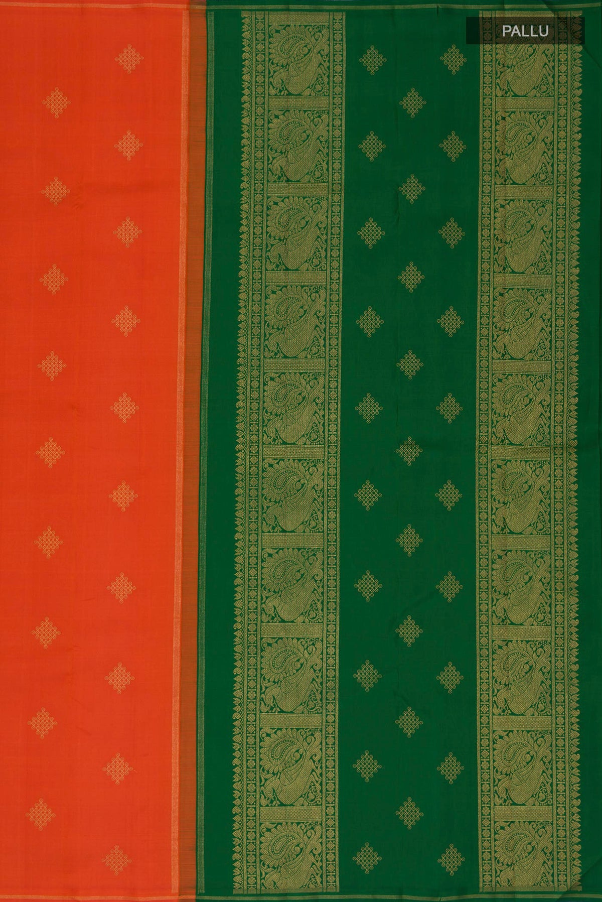 Close up image of the pallu of Pure Silk Pure Zari Orange Kanchipuram Saree with Zari Butta on the body and Thin Zari Line. 