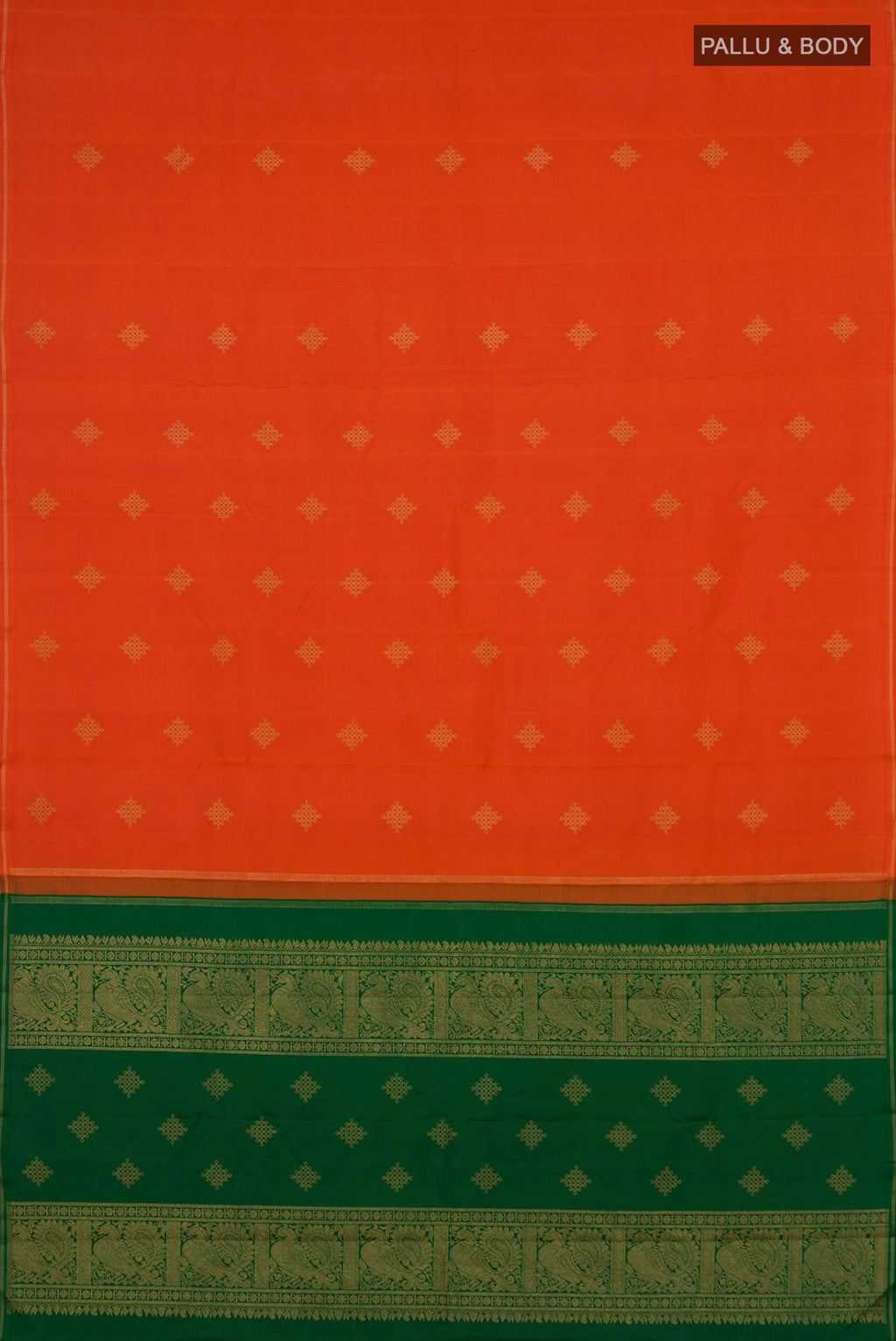 Flat view of Pure Silk Pure Zari Orange Kanchipuram Saree with Zari Butta on the body and Thin Zari Line. 