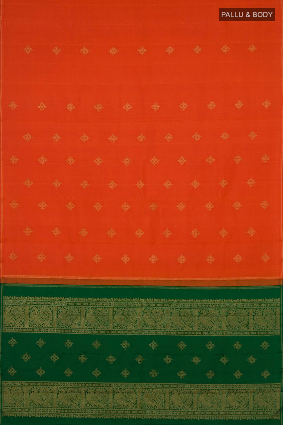 Flat view of Pure Silk Pure Zari Orange Kanchipuram Saree with Zari Butta on the body and Thin Zari Line. 