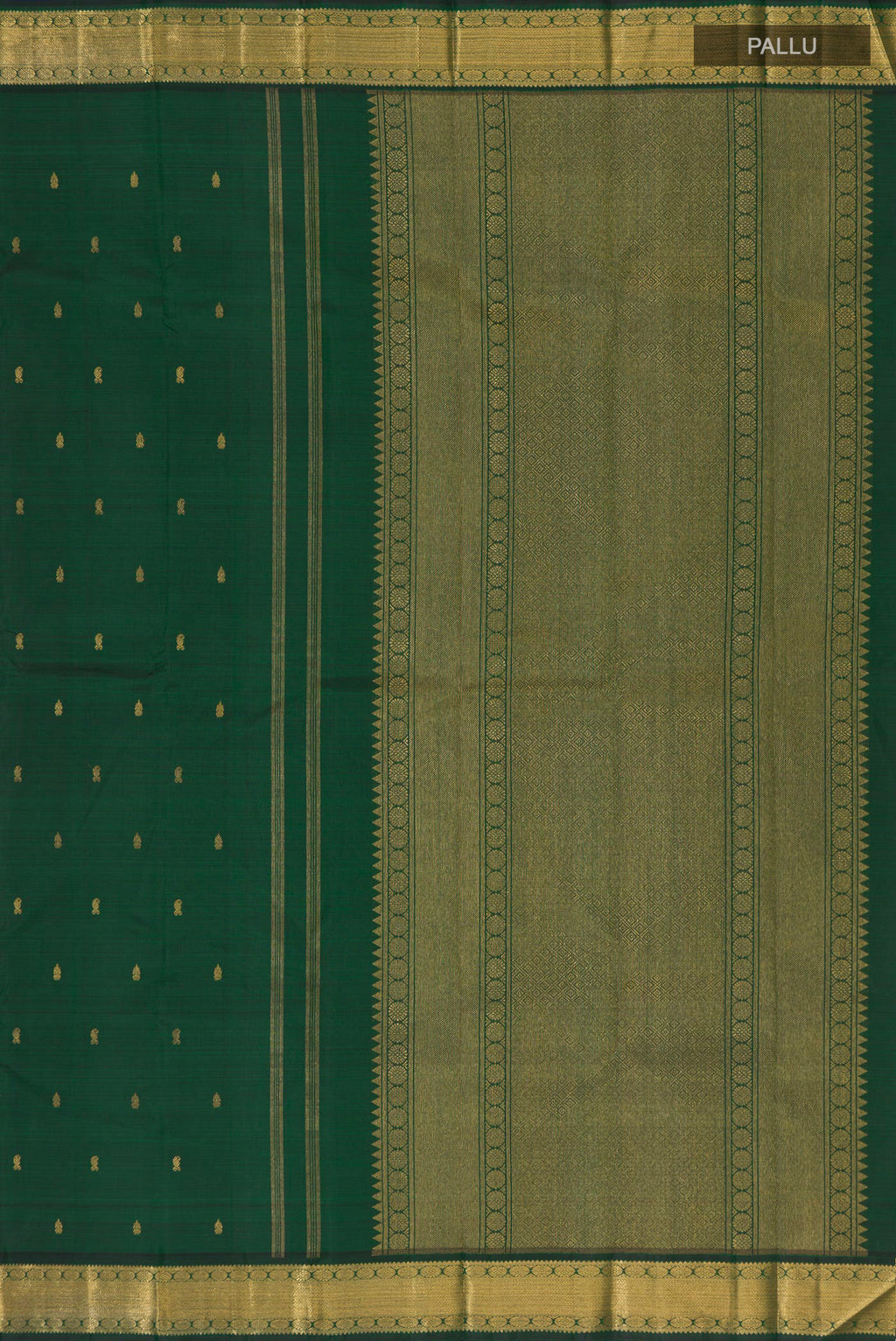 Close up image of the pallu of Pure Silk Pure Zari Bottle Green Kanjivaram Saree with Zari Butta on the body and Zari Border. 