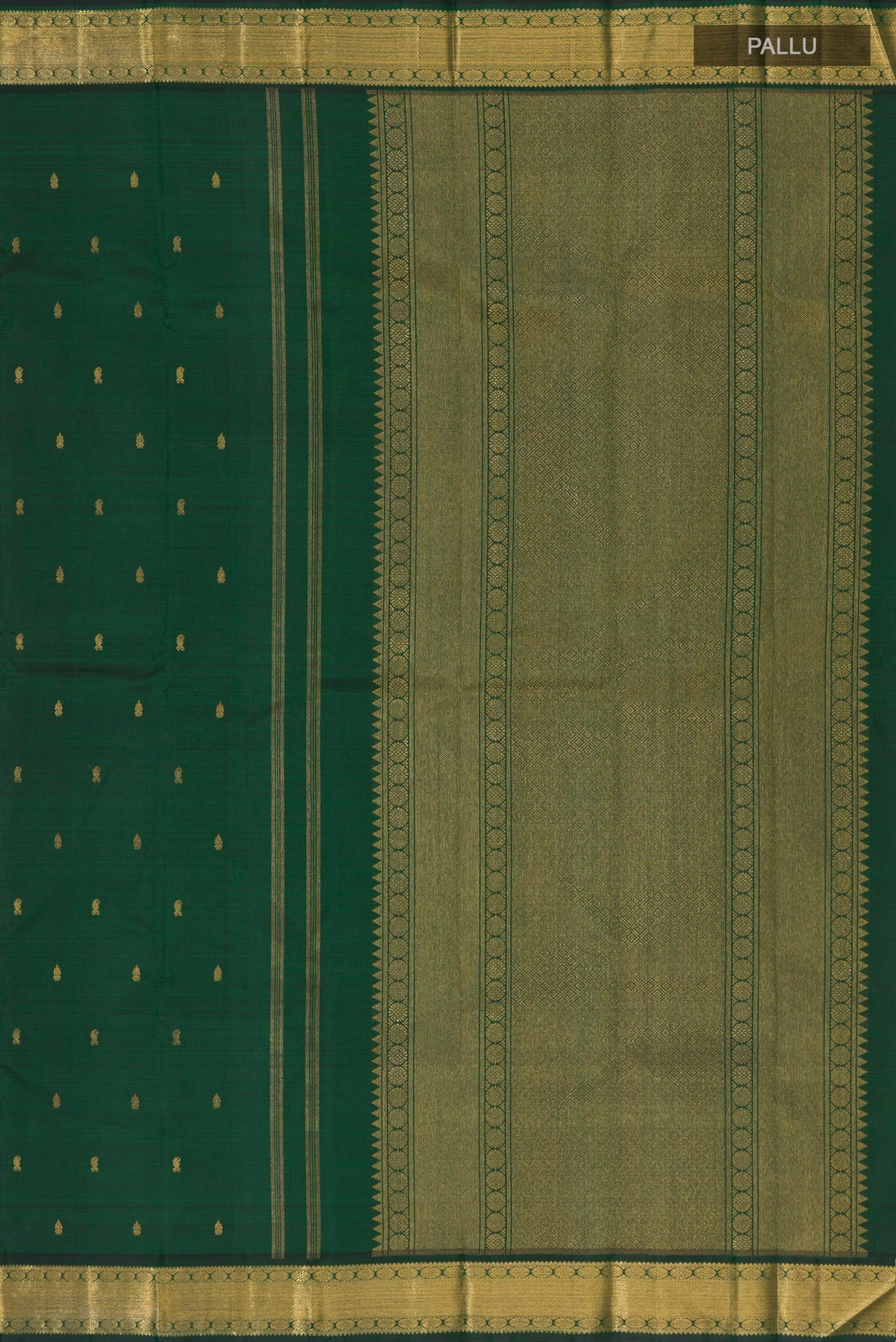 Close up image of the pallu of Pure Silk Pure Zari Bottle Green Kanjivaram Saree with Zari Butta on the body and Zari Border. 