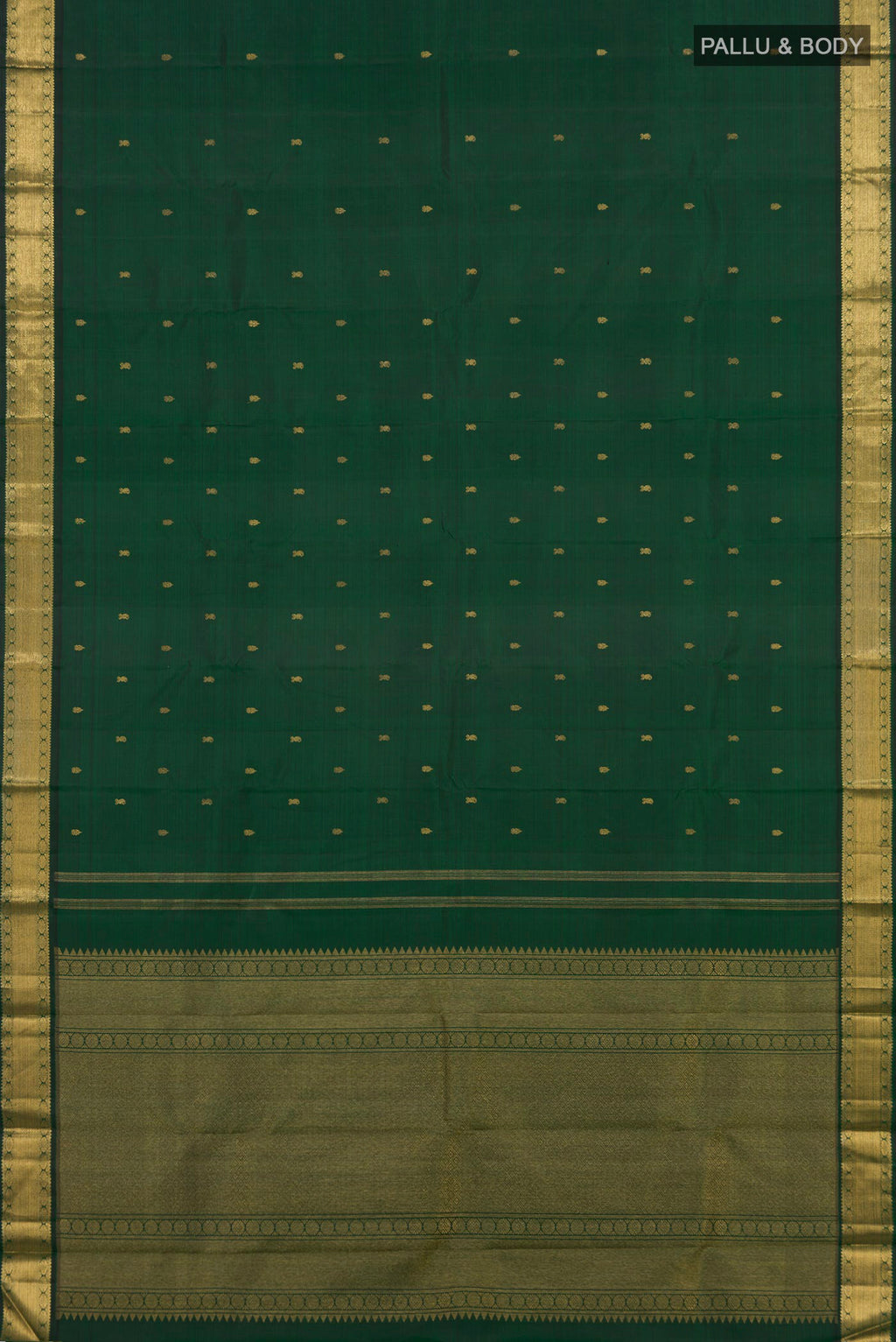 Flat view of Pure Silk Pure Zari Bottle Green Kanjivaram Saree with Zari Butta on the body and Zari Border. 