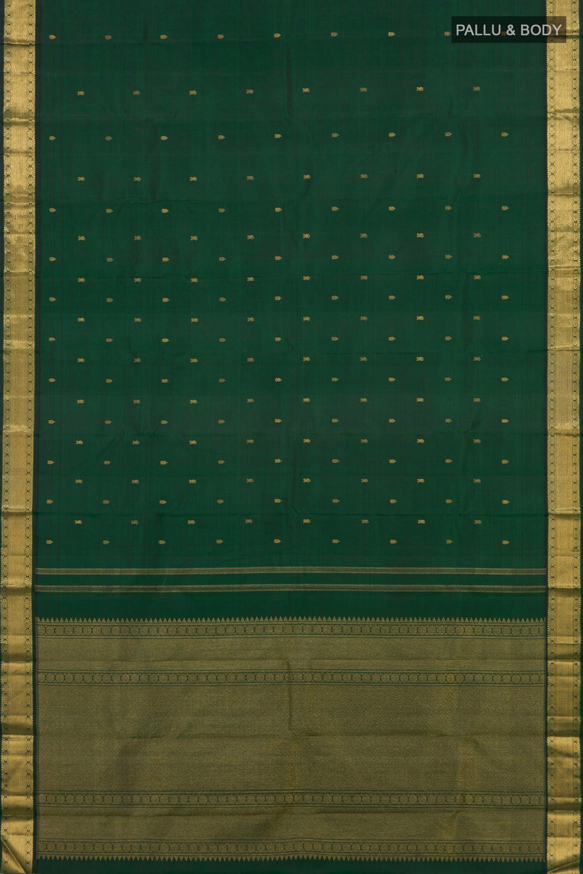 Flat view of Pure Silk Pure Zari Bottle Green Kanjivaram Saree with Zari Butta on the body and Zari Border. 