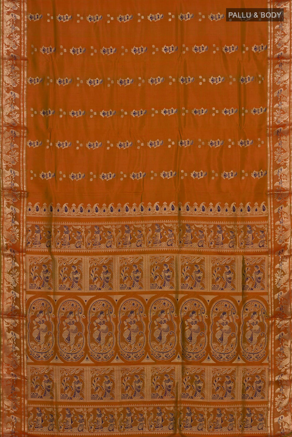 Flat view of Pure Silk Rust Baluchari Saree with Zari And Thread Butta on the body and Fancy Border. 