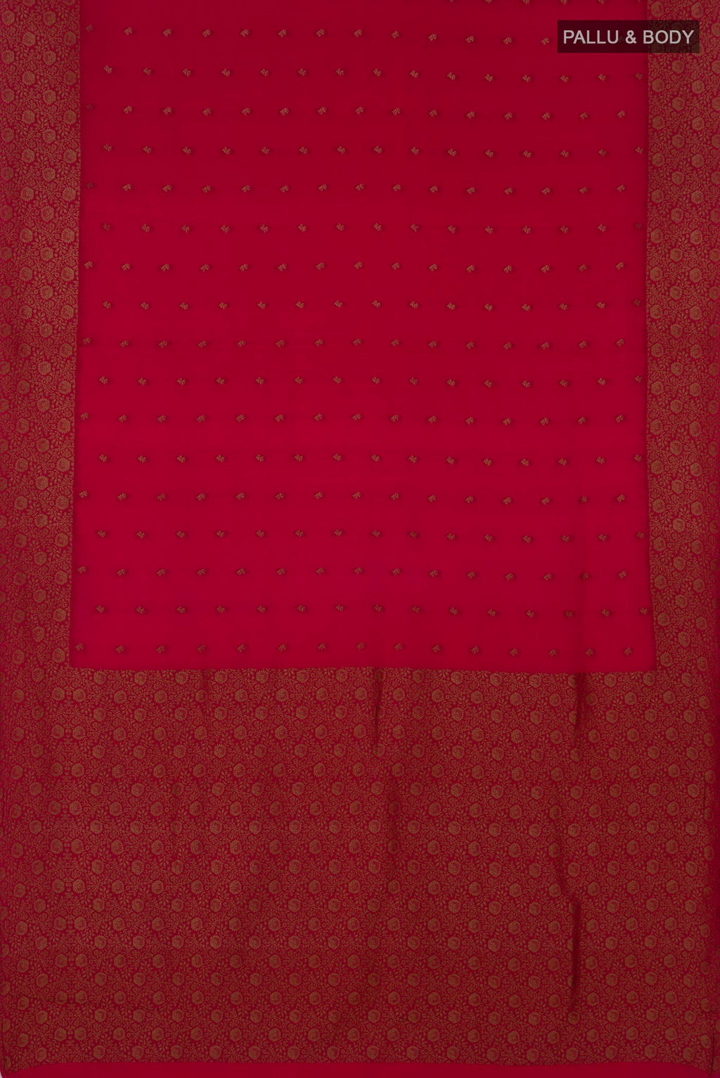 Flat view of Pink Mysore Crepe Saree with Zari Butta on the body and Fancy Border. 