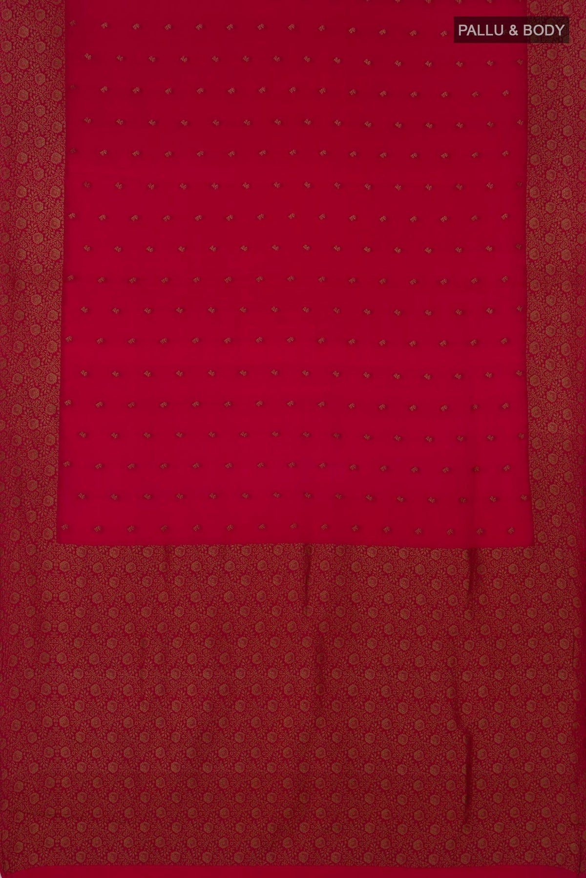Flat view of Pink Mysore Crepe Saree with Zari Butta on the body and Fancy Border. 