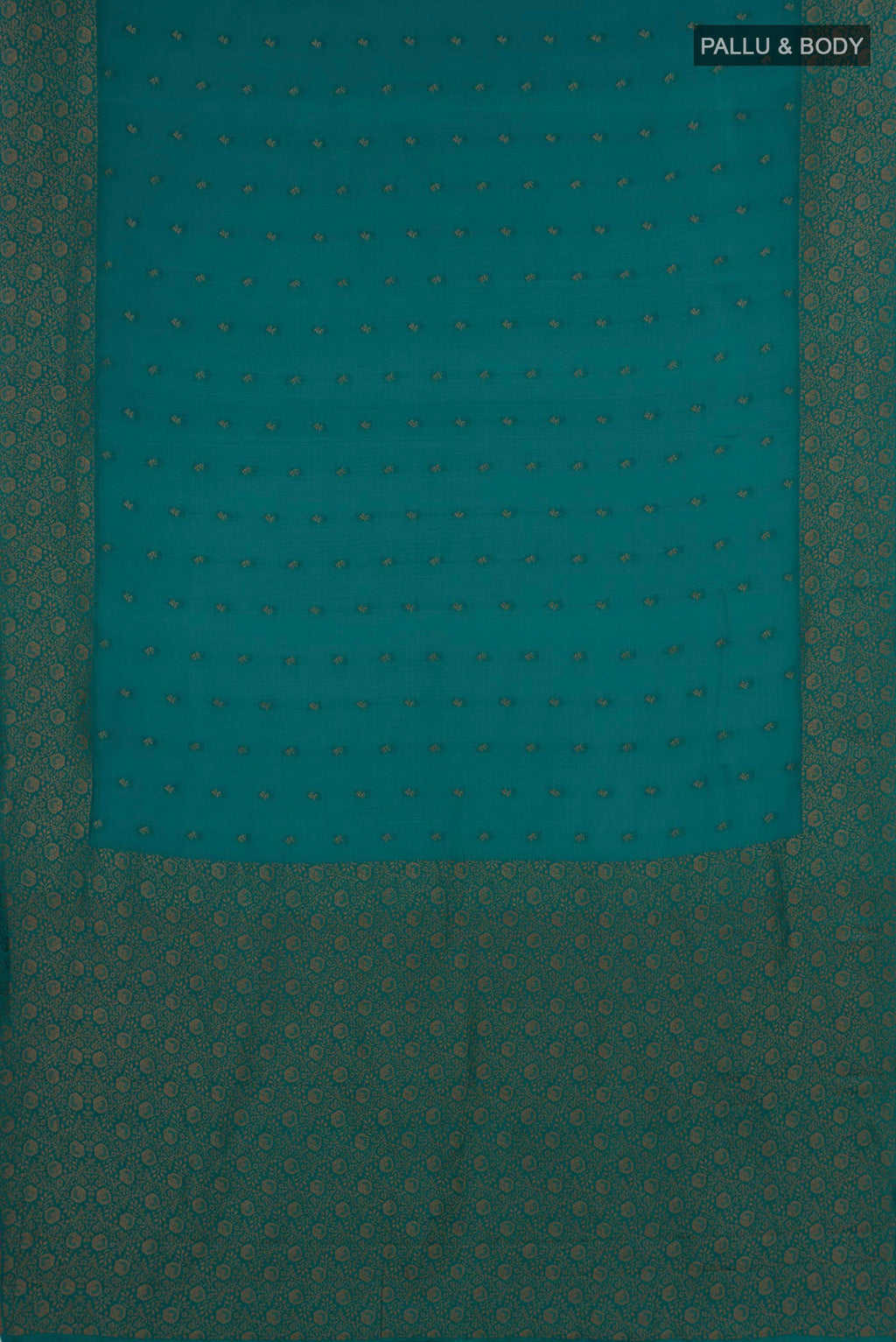 Flat view of Teal Mysore Crepe Saree with Zari Butta on the body and Fancy Border. 