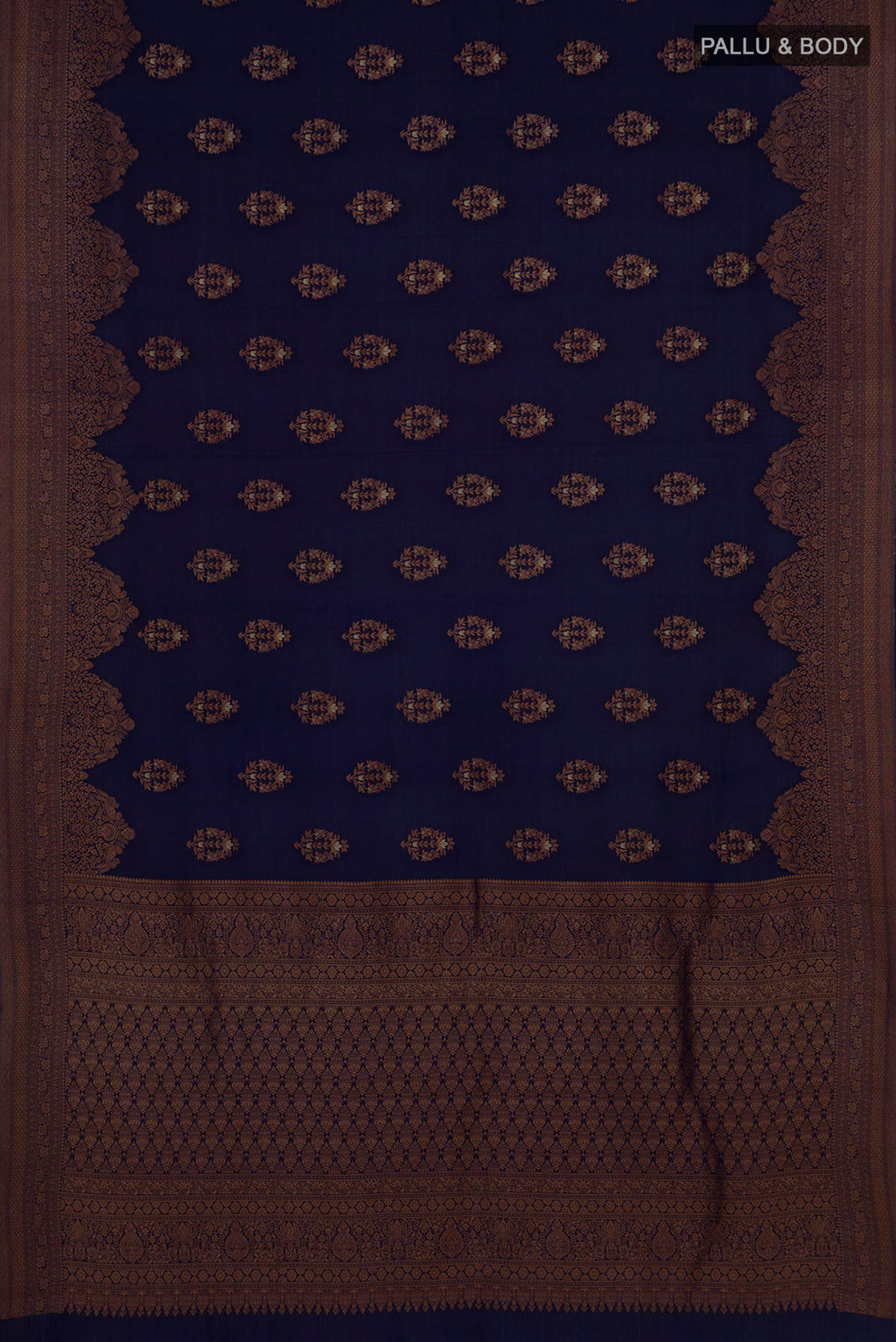 Flat view of Navy Blue Crepe Saree with Zari Butta on the body and Fancy Border. 