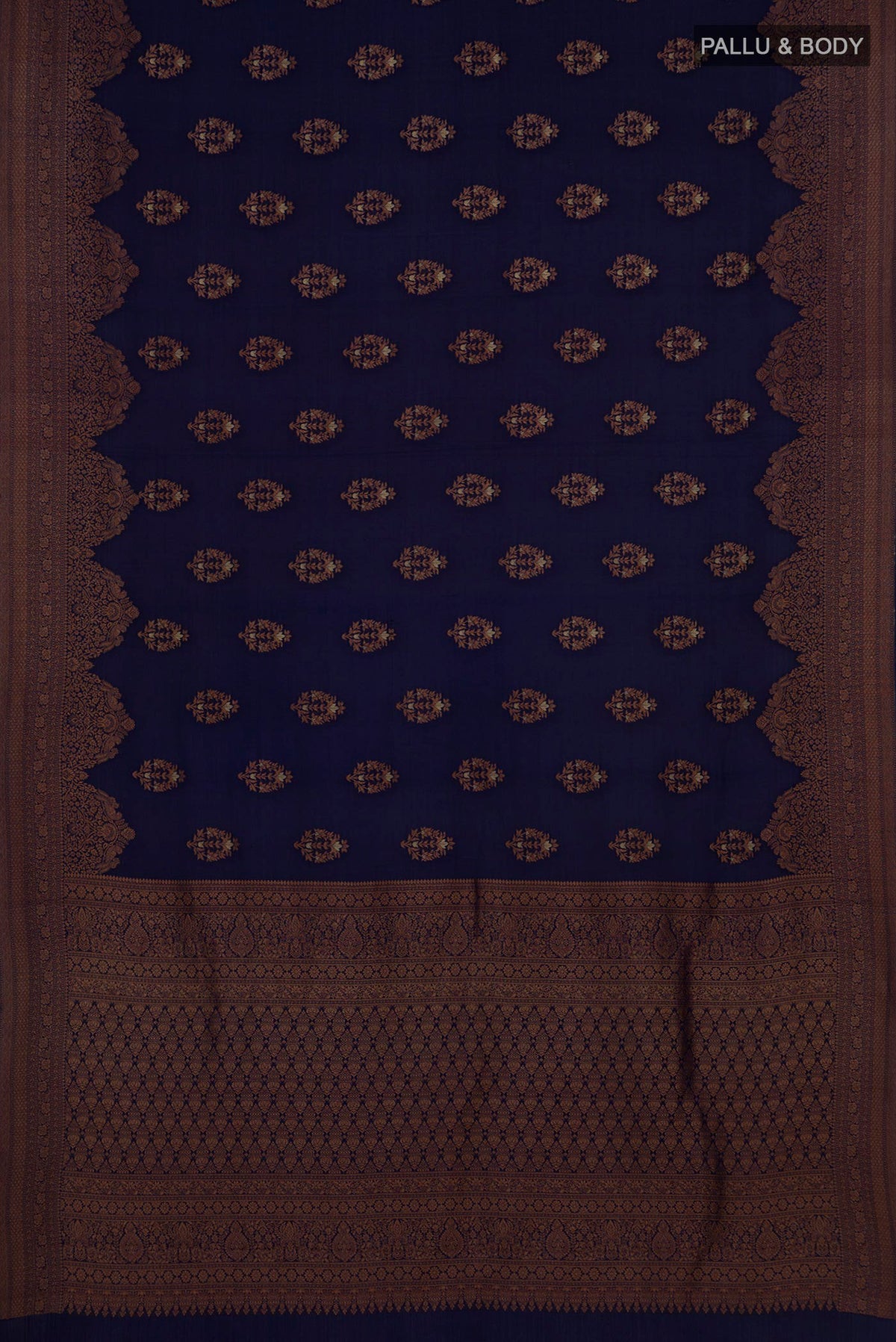 Flat view of Navy Blue Crepe Saree with Zari Butta on the body and Fancy Border. 