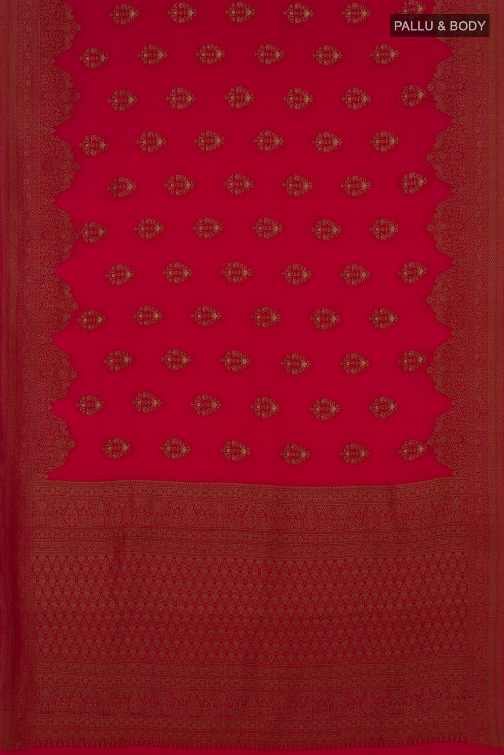 Flat view of Red Mysore Crepe Saree with Zari Butta on the body and Fancy Border. 