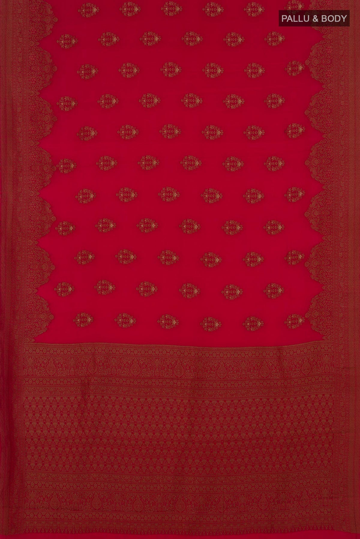 Flat view of Red Mysore Crepe Saree with Zari Butta on the body and Fancy Border. 