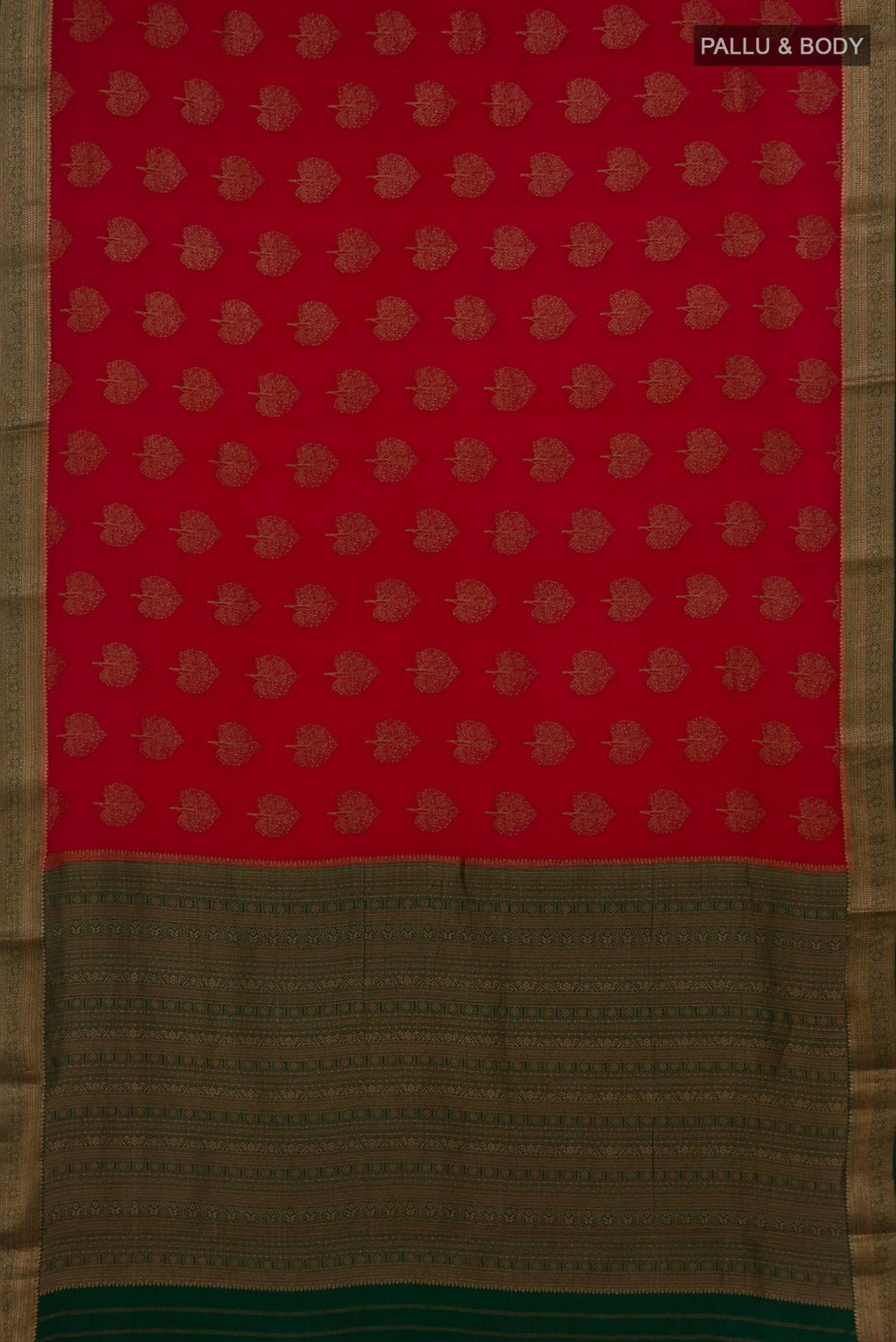 Flat view of Red Mysore Crepe Saree with Zari Butta on the body and Zari Border. 